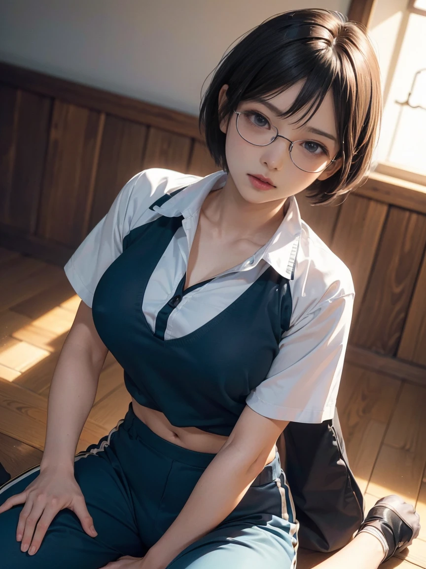 NSFW, (Official art、Best Quality、Unity 8k Wallpapers、32K、​masterpiece、ultra-detailliert、super high resolution、realisitic、Photorealsitic:1.2)、(natural soft light:1.2)、Fireglow effect、film grains、Best Shadows、side lights、sideshot、(Ultra-detailed and complex 3D rendering)、Detailed beautiful face and eyes、Sharp pupils、Realistic pupiliddlebreasts、Smile、high-heels、Woman in skirt and shirt sitting on desk, Office Clothes, on desk, Sit on a desk, Sitting on a desk,bent at the knees、Opening legs、open one's legs、pantie shot、 wearing business casual dress, A sexy、business clothes, In the office, wearing a suit and glasses, Fully dressed, business outfit, embarrassed from, A slight smil、Business attire、cleavage of the breast、A sexy、