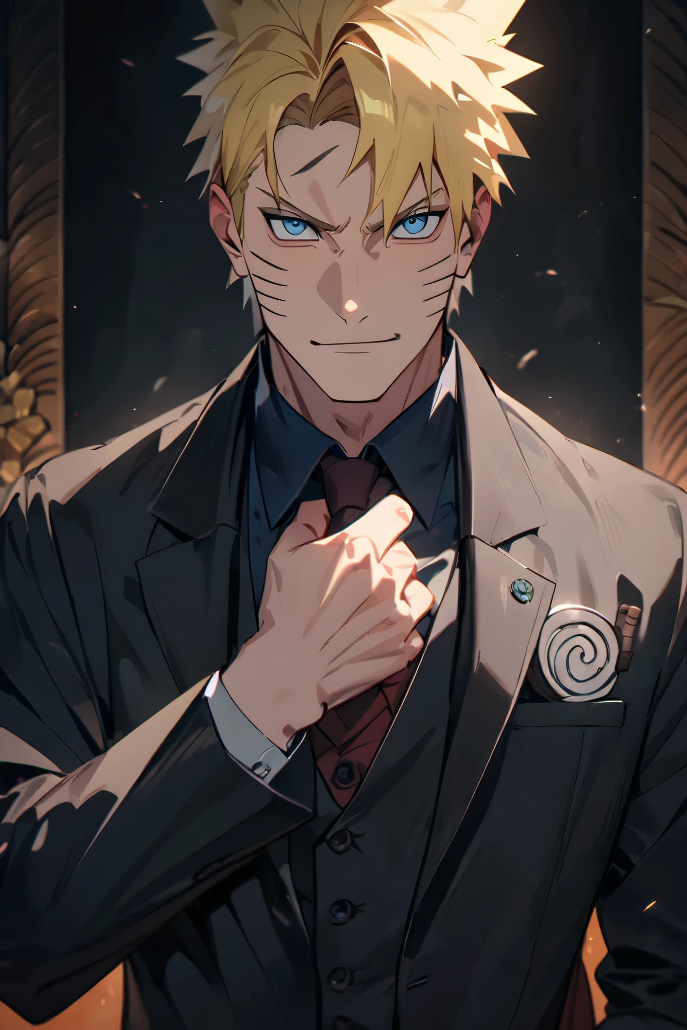 score_9, score_8_up, score_7_up, source_anime, detailed, wallpaper, beautiful details, naruto uzumaki, 1boy, looking at viewer, blonde hair, whisker markings, blue eyes. Looking mature and hot. Round face,faint charismatic smile,
Naruto in a dapper black suit looking at the viewer, confident, gentleman expression, posing charismatic, handsome and badass and sexy.with a cool black background. Masterpiece, Best Quality, Award Winning, UHD, Anime, Anime Style, Anatomically Correct, Best Quality, High Details, High Quality,