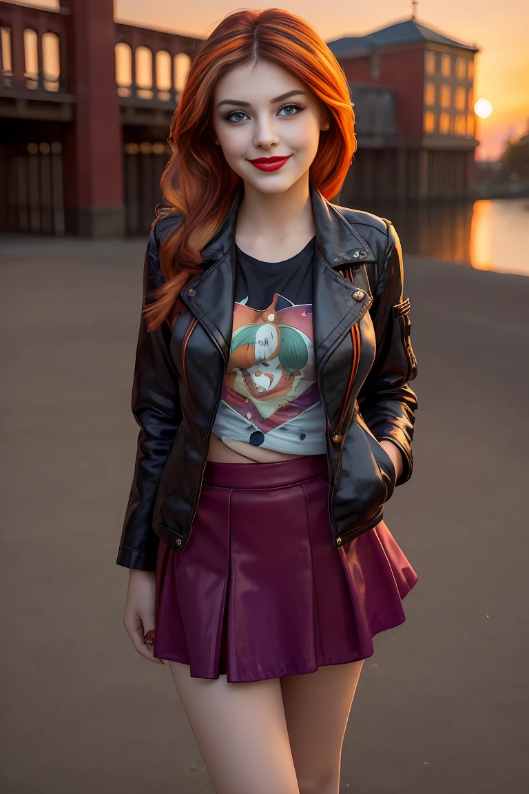 ( masterpiece,  the best quality :1.2), only, 1girl, mlpshimmer,  cute smile  , make-up , Red lips ,  looking at the spectator ,  arms crossed, small black jacket ,  orange t-shirt  , purple skirt , Sunset Shimmer , 21 years ,  beautiful teenage girl  , Teenage Model , ojos color turquesa , varied background,  full body photo  