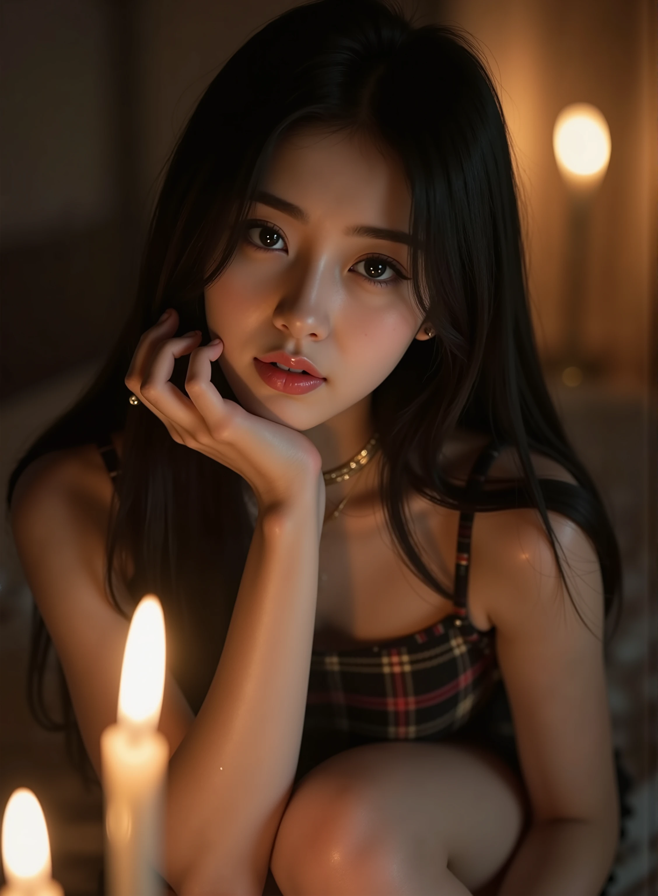 best quality,4k,8k,highres,masterpiece, ultra-detailed,(realistic,photorealistic,photo-realistic:1.37),gorgeous hair,dark black hair,sharp eyes,plump lips, necklace,(high detailed skin:1.4), a photorealistic close up of a 28 year old Japanese woman who has a striking beauty, with long black hair to the waist, illuminated face, she has alluring features, a pointy small nose, a beautiful small face and penetrating eyes. beautiful face, gorgeous, pale skin full and shiny lips , big lips, Thick lips, half-open lips, light pink lip gloss, skinny thighs, petite Body, skinny, seductive look, choker, small plaid skirt , Sitting in a bedroom with candles and a soft, warm light , Perfect Eyes , very detailed eyes, beautiful and expressive , detailed eyes , 35mm photograph , film, bokeh, professional, 4k, highly detailed dynamic lighting , photorealistic , 8K,