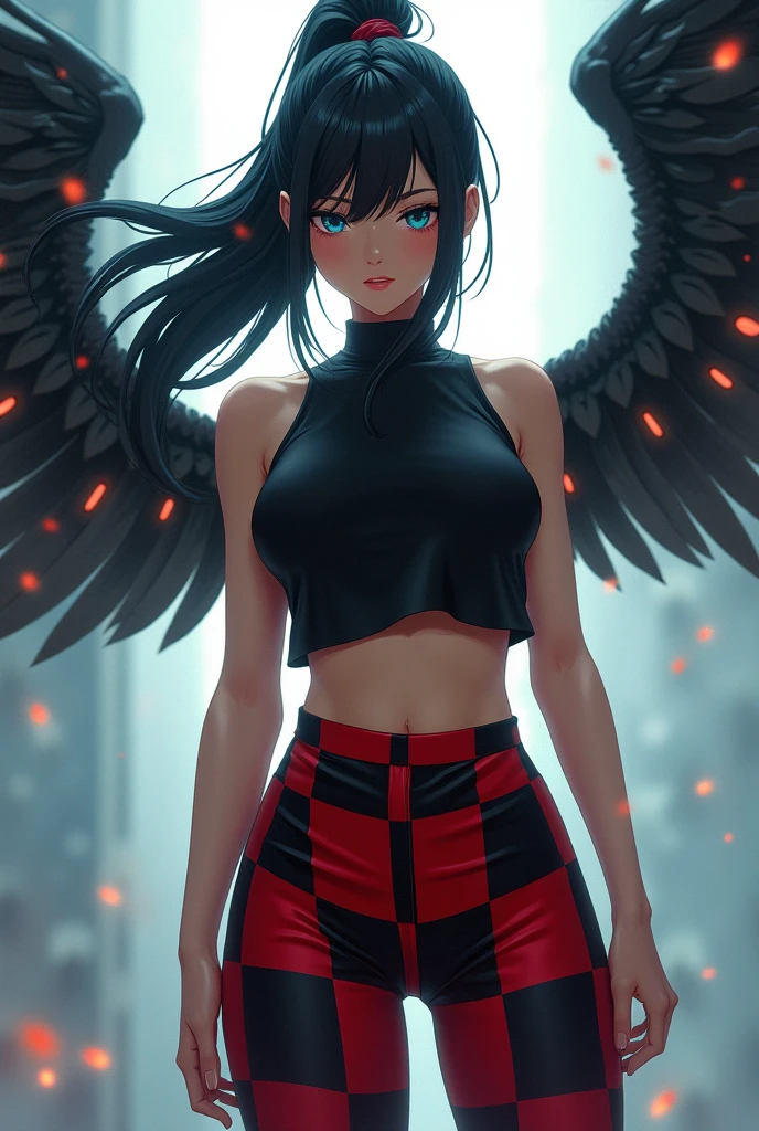 Cowboy Shot, (Black wings:1.2), Very long hair, Side Ponytail, choker, Holding, Off the shoulder, (White micro mini dress:1.3), White midriff jacket,Hello,24-year-old female、Saggy breasts、Sexy proportions、mature female body、Alluring、erotic、Micro Mini Flared Skirt、Stiletto heels、Pink Background