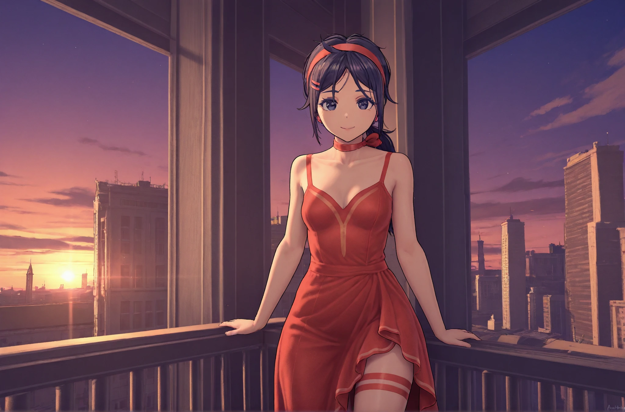 Cool Mita, 1 girl, slight smile,  red thighs masterpiece, top quality, 8k, high definition, aesthetically pleasing, dark hair, evening dress, low ponytail, swept bangs