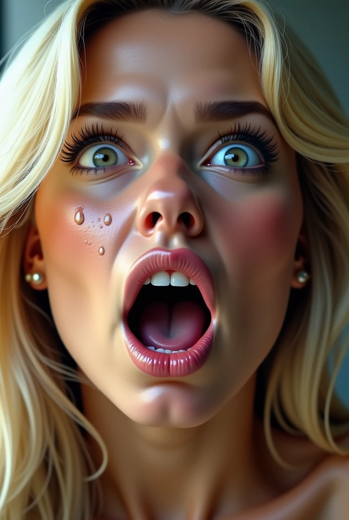 blonde woman with a big tongue sticking out of her mouth, licking the tongue, tongue out, licking, cream running on face, Dripping saliva, mouth is simple and pleasant, with wide open mouth, with gaping mouth, sexy face, gaping mouth, close facial, wet mouth, gaping mouth, big, gaping mouth, perfect facial detail