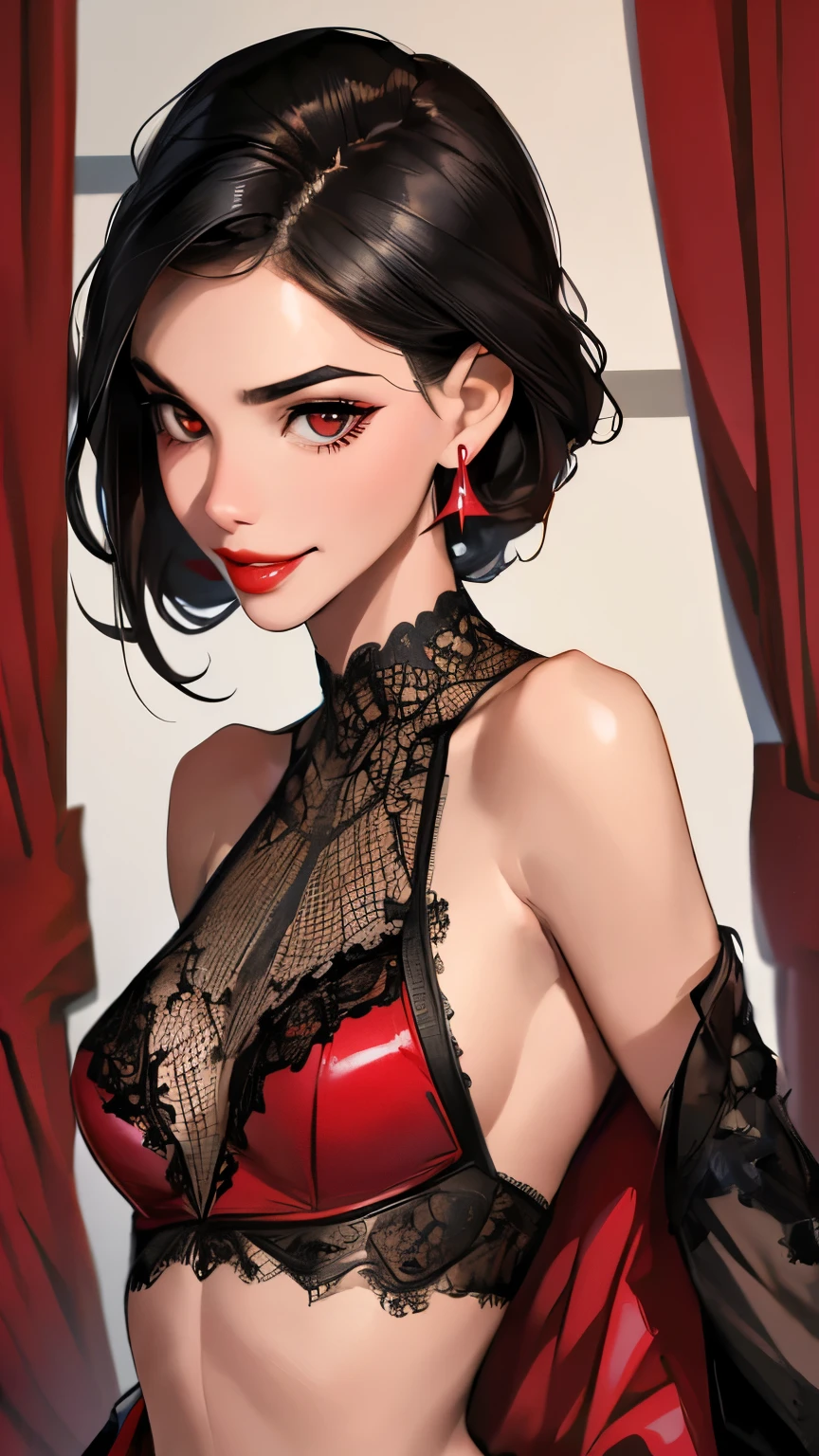 1girl,a beautiful fashion model ,(masterpiece, detailed background, best quality),shortand shiny hair, black hair,smirk,juicy lips,red lips, lingerie, stripping, elegant makeup, exhibitionism, torn spiderman outfit