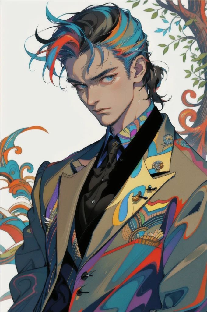 black hair, Surrealism, 8k, super detail, UHD, masterpiece, accurate, anatomically correct, textured skin, super detail, high details, high quality, award winning, best quality
"A confident, handsome young man with dark hair, slightly messy, wearing a stylish, colorful suit with a unique, intricate pattern. He has a mischievous smile and a sharp, intense gaze with one red eye. The background is a surreal, vibrant setting with abstract shapes and patterns, including coiled serpents and stained-glass elements."
