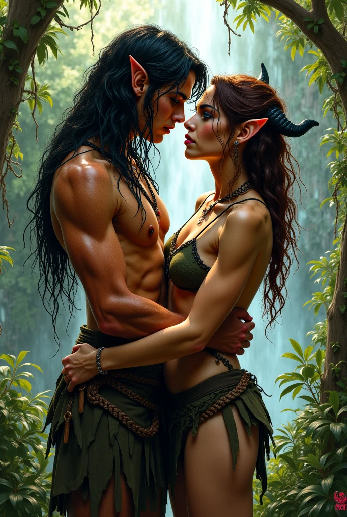 A man half trool alin and half human, leaf tattoo , they are the axis, he is strong and big and has curly black hair and wears earrings. Has red human eyes and elf ears. Forest and magic scenery, he is touching the face of the beautiful, fat, cute humsna with red hair and green eyes 