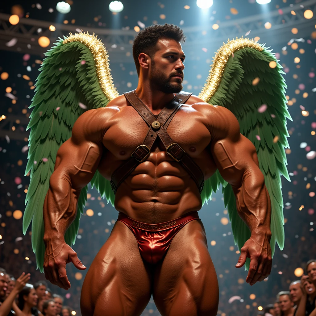 Hyperrealistic image of an African superhero burlesque dancer with two huge symmetrical rainbow wings very old and very sweaty gray-haired bodybuilder over 50 years old very muscular and fat More than 200 kilos in weight with a naked torso.big flabby pecs brown nipples and big gray mustaches with huge tattooed arms dressed in lace lingerie on a burlesque stage