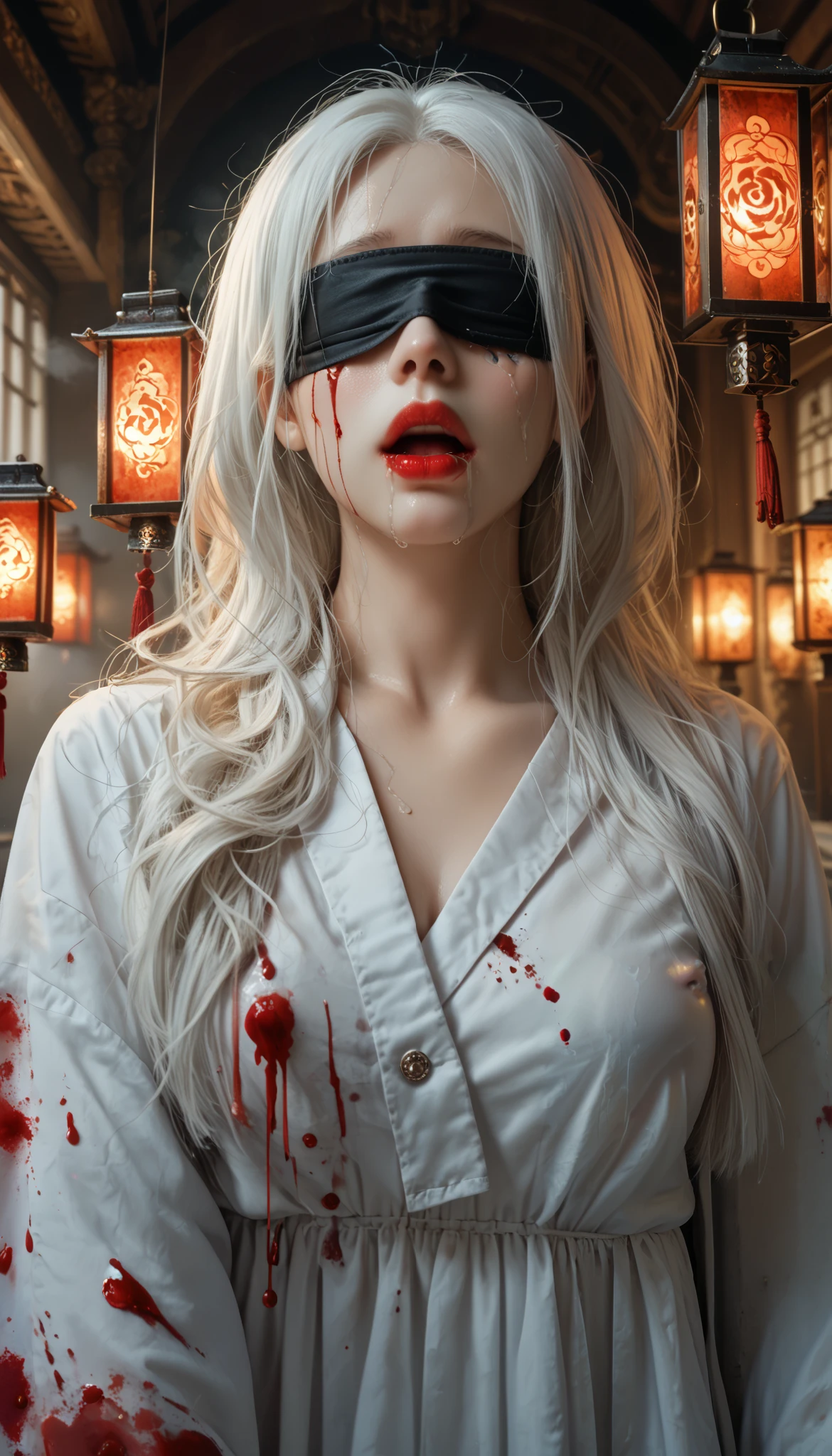 (masterpiece, best quality :1.2), 1 woman, alone, Maiden Ghost Monster, Korean , Hanbok, White Sobu , Sporadic white hair, Temple, I, ( huge boobs :1.4), Lantern , long matted hair , clear skin , Red lips, Shedding tears of blood, cool atmosphere, Blindfold, Breathing fire from my mouth