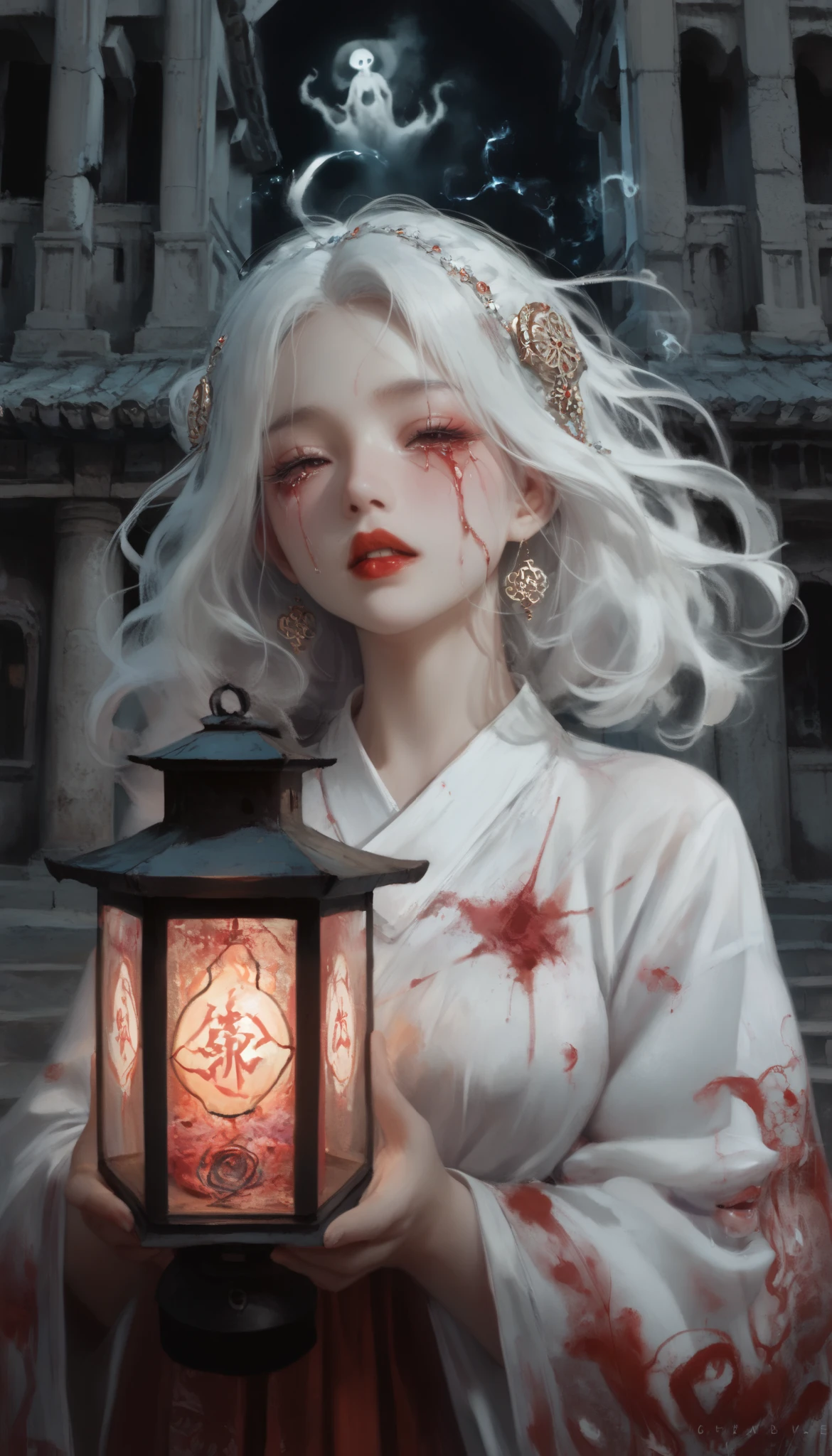 (masterpiece, best quality :1.2), 1 woman, alone, Maiden Ghost Monster, Korean , Hanbok, White Sobu , Sporadic white hair, Temple, I, ( huge boobs :1.4), Lantern , long matted hair , clear skin , Red lips, Shedding tears of blood, cool atmosphere, Blindfold, Breathing fire from my mouth