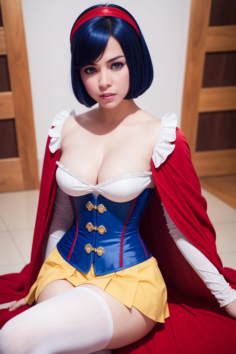 Beautiful Japanese 14 year old teenage girl, wearing snow white cosplay, blue silk corset, red silk cape, yellow silk pleated skater skirt, silk leggings, black bob hair, red hairband,((shiny)) silk elbow gloves, masterpiece, photorealistic, amazingly detailed face, maximum resolution,  small breasts, hand on hip, dynamic pose, silk opera gloves, deeply coloured lipstick,big pouting lips, seductive