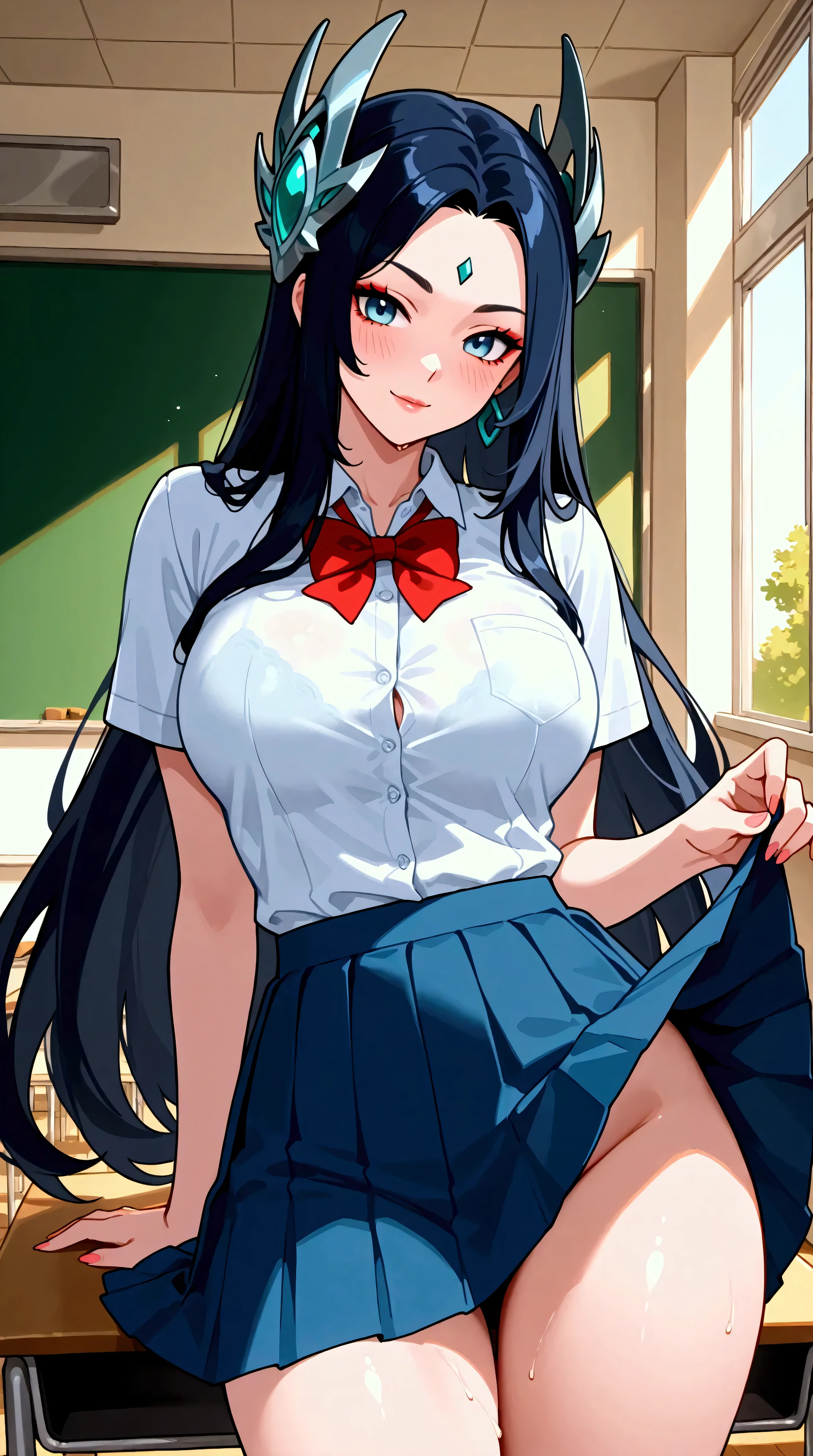 (masterpiece, best quality, ultra detailed, absurdres:1.5), 1girl, (sexy, beautiful woman, perfect face, perfect eyes, perfect female body, large breasts:1.5), (CLOTHING_BibleBlack_SchoolDress_ownwaifu, long hair, black vest, red skirt, white shirt, collared shirt, suspenders, , black thighhighs, zettai ryouiki, necktie, long sleeves, pleated skirt, red necktie, loafers, ), (standing, indoors, Japanese classroom), perfect lighting, smooth, hdr, NSFW,