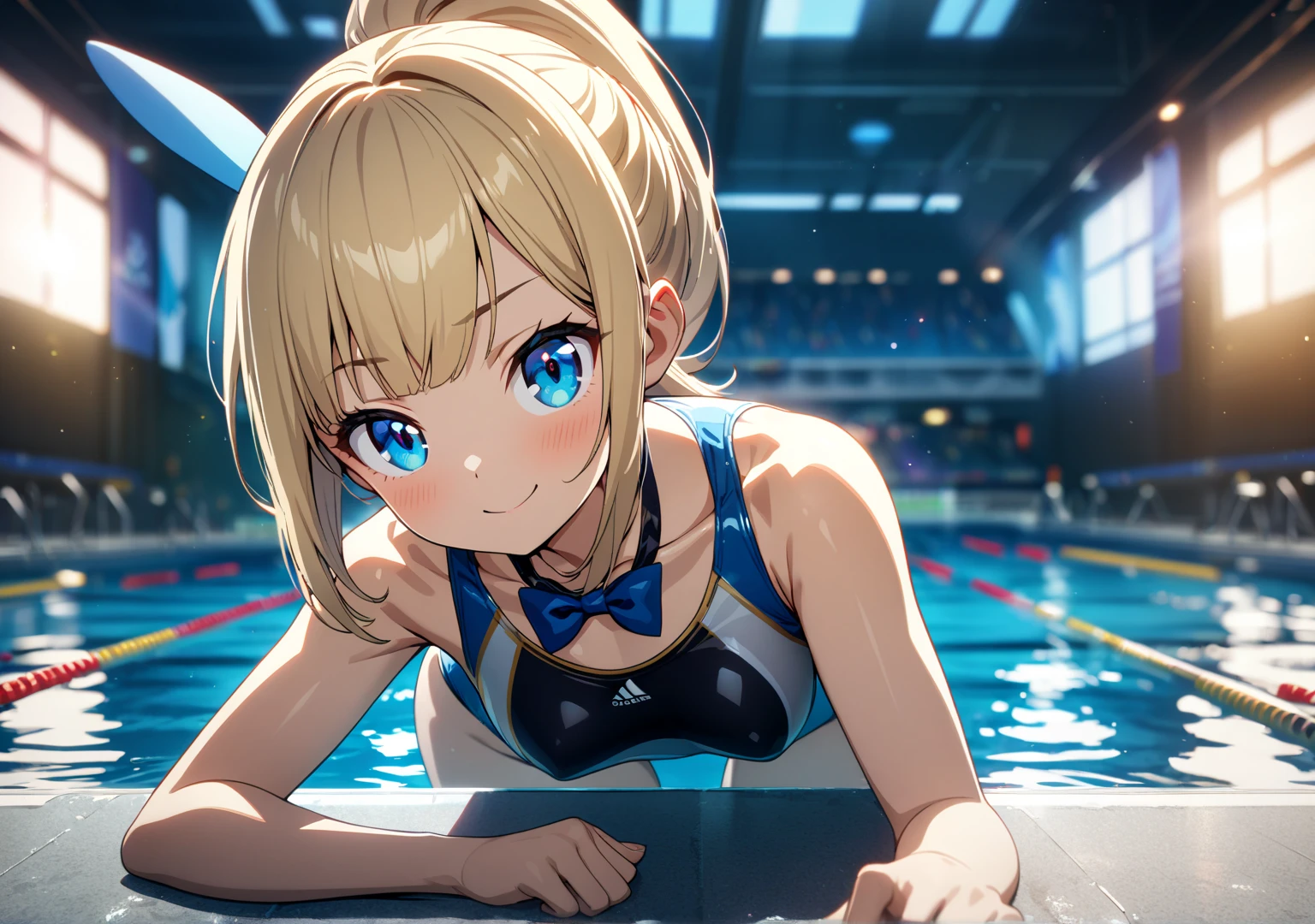 Beautiful and blond, black swimsuit, pool, racing track, blur background