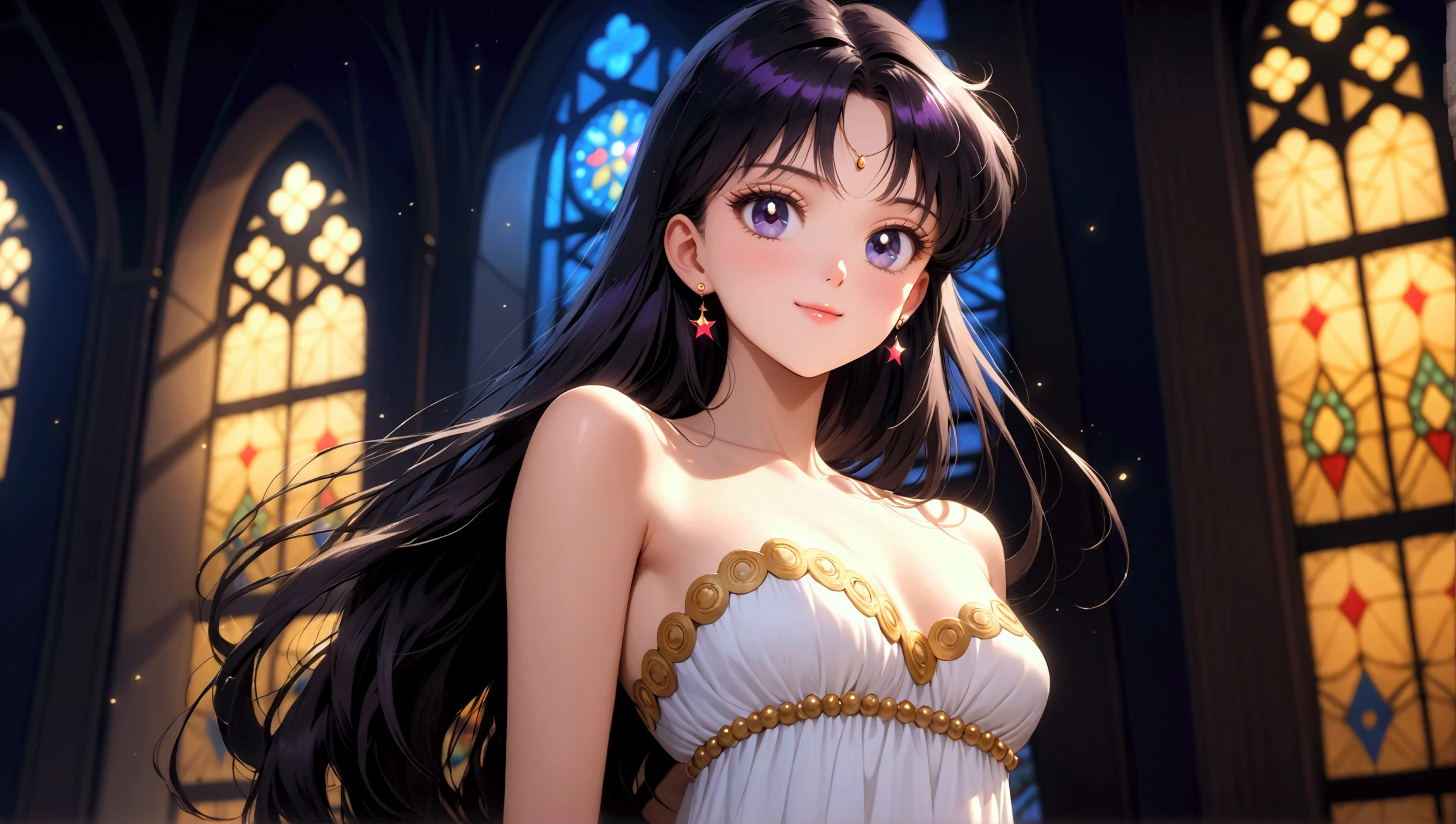 ((Upper body center)) (masterpiece, best quality, very aesthetic , ultra detailed), intriguing details , aamars, smile, long hair, black hair, small breasts, mature woman, solo, Best quality, masterpiece, High Definition, church, detailed background, intricate details, day, white dress, bare shoulders, arms behind back, Высокое разрешение, from bottom