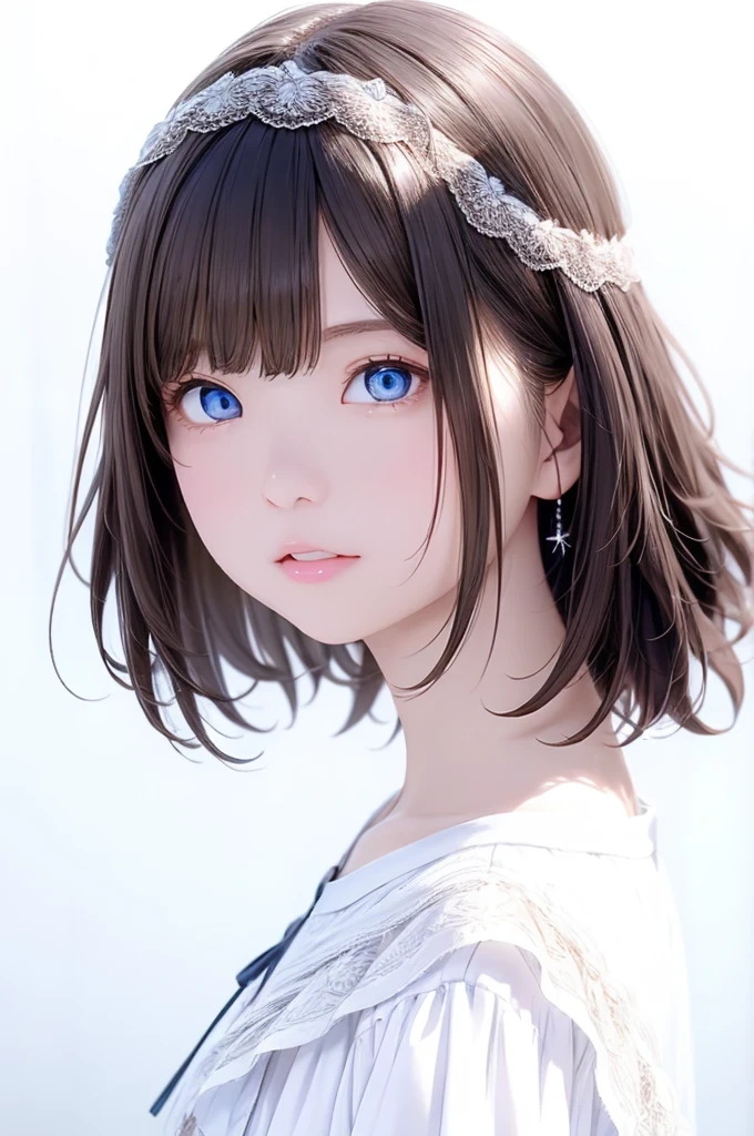 Masterpiece、 Highest image quality sharp shooting 、Super fine、32K、 watch viewers 、 and looking straight ahead、 luxury white lace blouse 、 outward short hair 、 light brown hair 、 46-point diagonal bunster、最 High Quality 、(Genuine:1.4), Ultra Fine、 ( thin, beautiful eyes :1.6)、Symmetric、 detailed face 、 perfect lighting、( Complete anatomy)、( White background:1)、、 Highest image quality sharp shooting 、Characteristics of short hair 、 High Quality 、 Visual Art 、