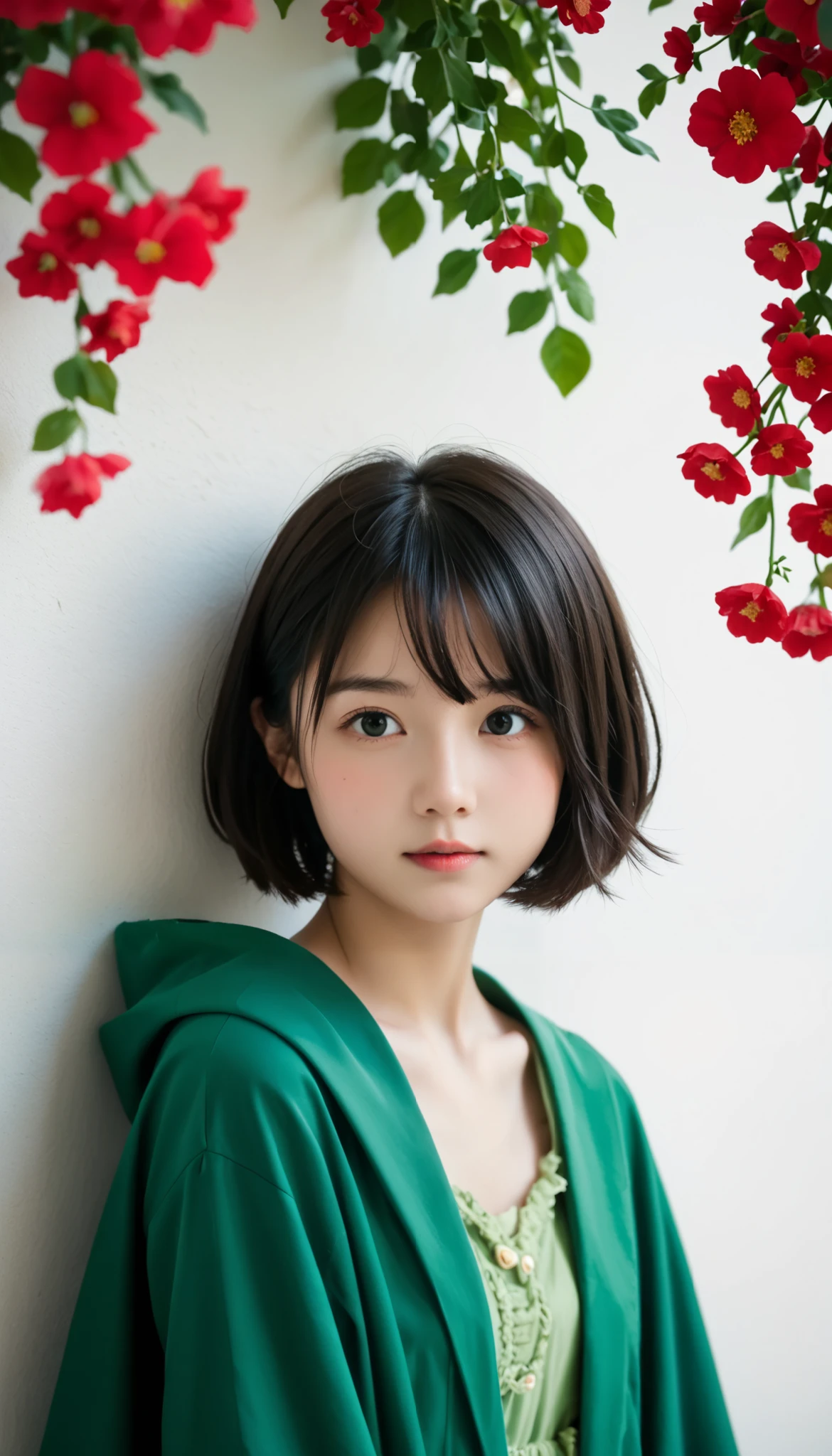 Ivyの貼ったWhite wall、White wall、White wallの前に花束を持った女性が立っている,  is very cute 、 ager , Super cute girl、  black hair、 short hair,  short bob with sisters、 lo-fi girl , Ivy, wearing blue-Green clothes, With flowers, Low quality photos, Cape, Green clothes,  photoshoot, Smooth input _ background,  lo-fi girl のaesthetics, 🤤   Portrait of a Girl  ,  beautiful!!, Long Wear ,  Loose Clothes,   Relaxed Posture  ,  aesthetics