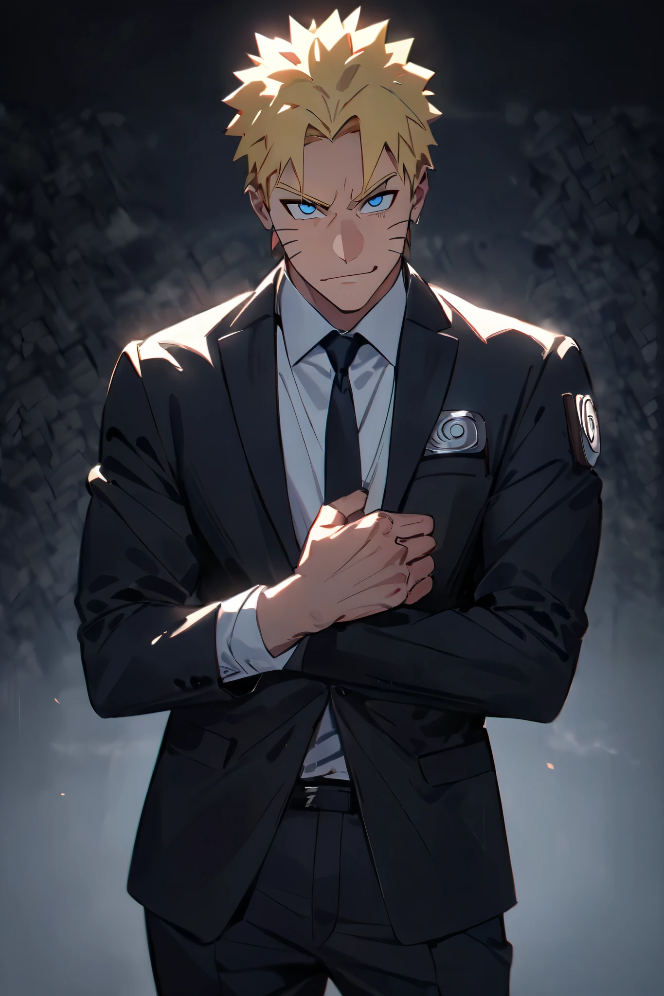 score_9, score_8_up, score_7_up, source_anime, detailed, wallpaper, beautiful details, naruto uzumaki, 1boy, looking at viewer, blonde hair, whisker markings, blue eyes. Looking mature and hot. Round face,faint charismatic smile,
Naruto in a dapper black suit looking at the viewer, confident, gentleman expression, posing charismatic, handsome and badass and sexy.with a cool black background. Masterpiece, Best Quality, Award Winning, UHD, Anime, Anime Style, Anatomically Correct, Best Quality, High Details, High Quality,
