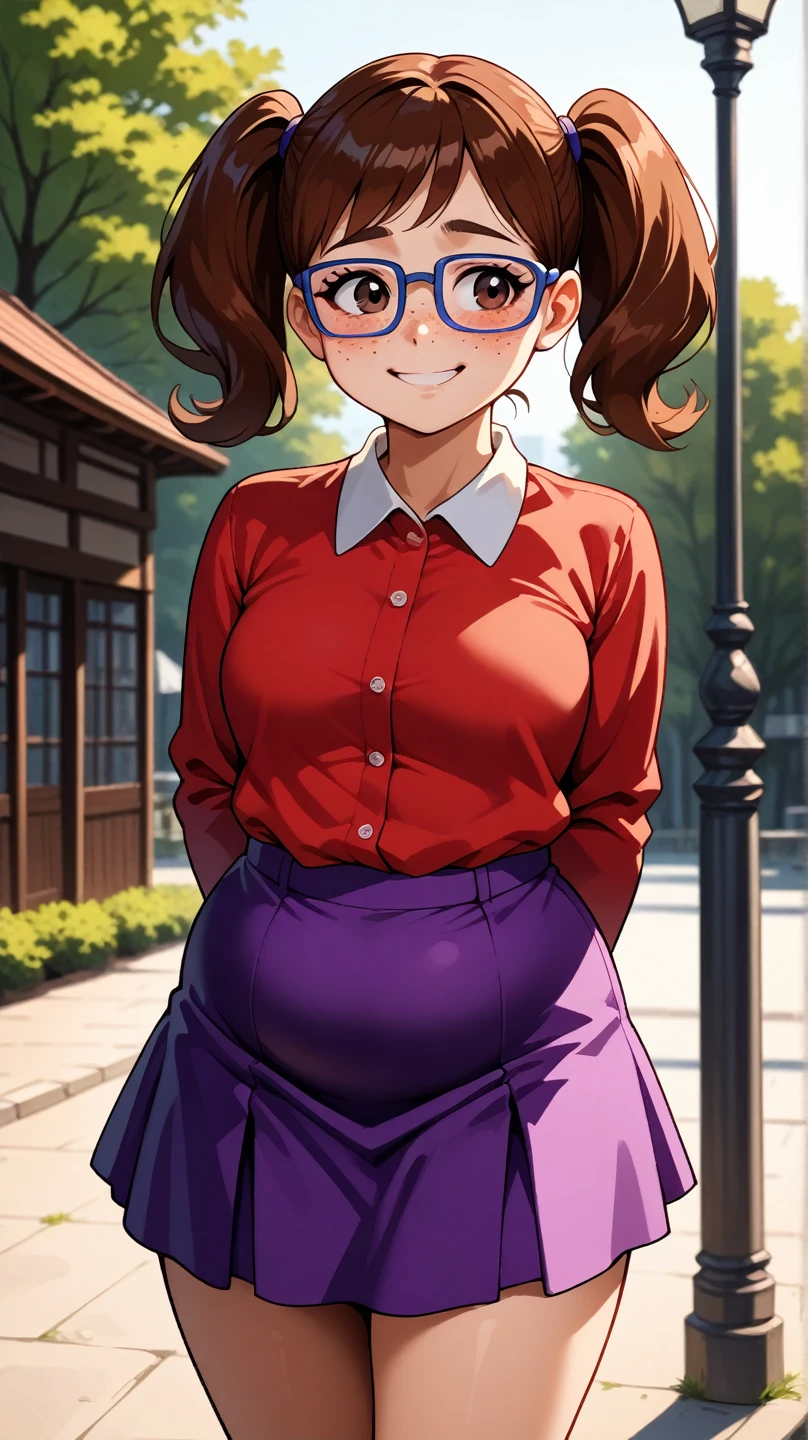 score_9, score_8_up, score_7_up, BREAK, madelyn, brown hair, twintails, glasses, blue framed glasses, purple skirt, long sleeves, outdoors, smiling, shy, freckles, brown eyes, hands behind back, chubby, red collared shirt, short skirt, freckles