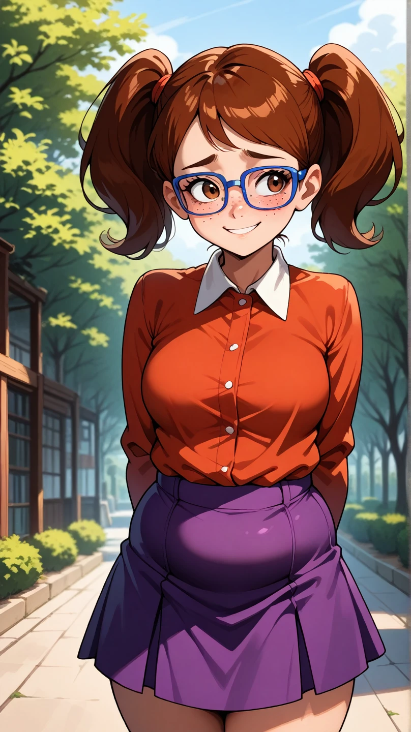 score_9, score_8_up, score_7_up, BREAK, madelyn, brown hair, twintails, glasses, blue framed glasses, purple skirt, long sleeves, outdoors, smiling, shy, freckles, brown eyes, hands behind back, chubby, red collared shirt, short skirt, freckles