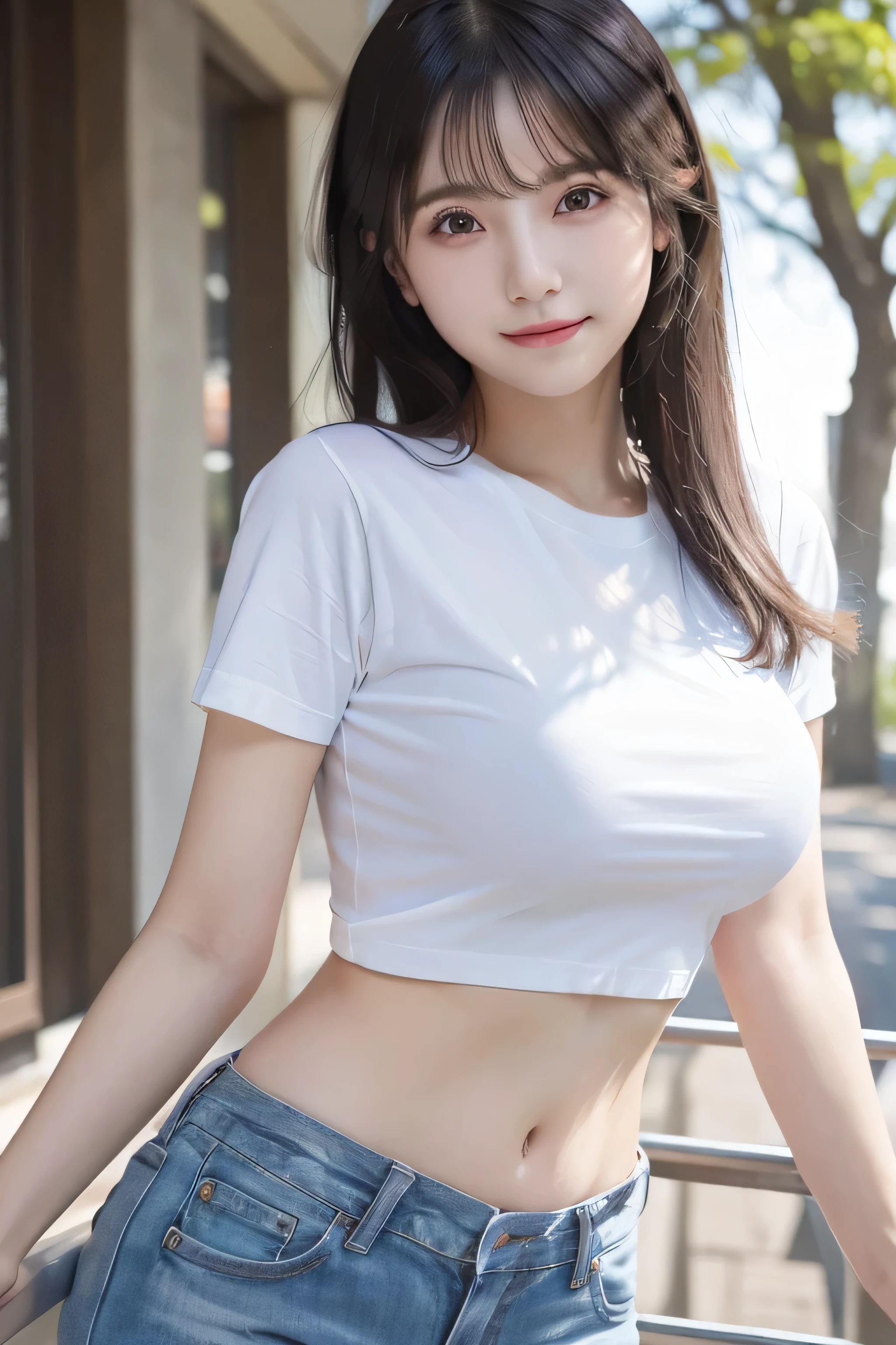 Thai girl, t-shirt, half body, (8ก, raw photos, best quality, Masterpiece:1.2), (realistic, photo-realistic:1.37), very high, depth of field, Chromatic aberration, caustic soda, wide light, natural shading,Fujifilm XT3,Masterpiece,very detailed,rin,uniform,1 girl, alone,stand, look at viewer, outdoor,Plain background, big breasts
