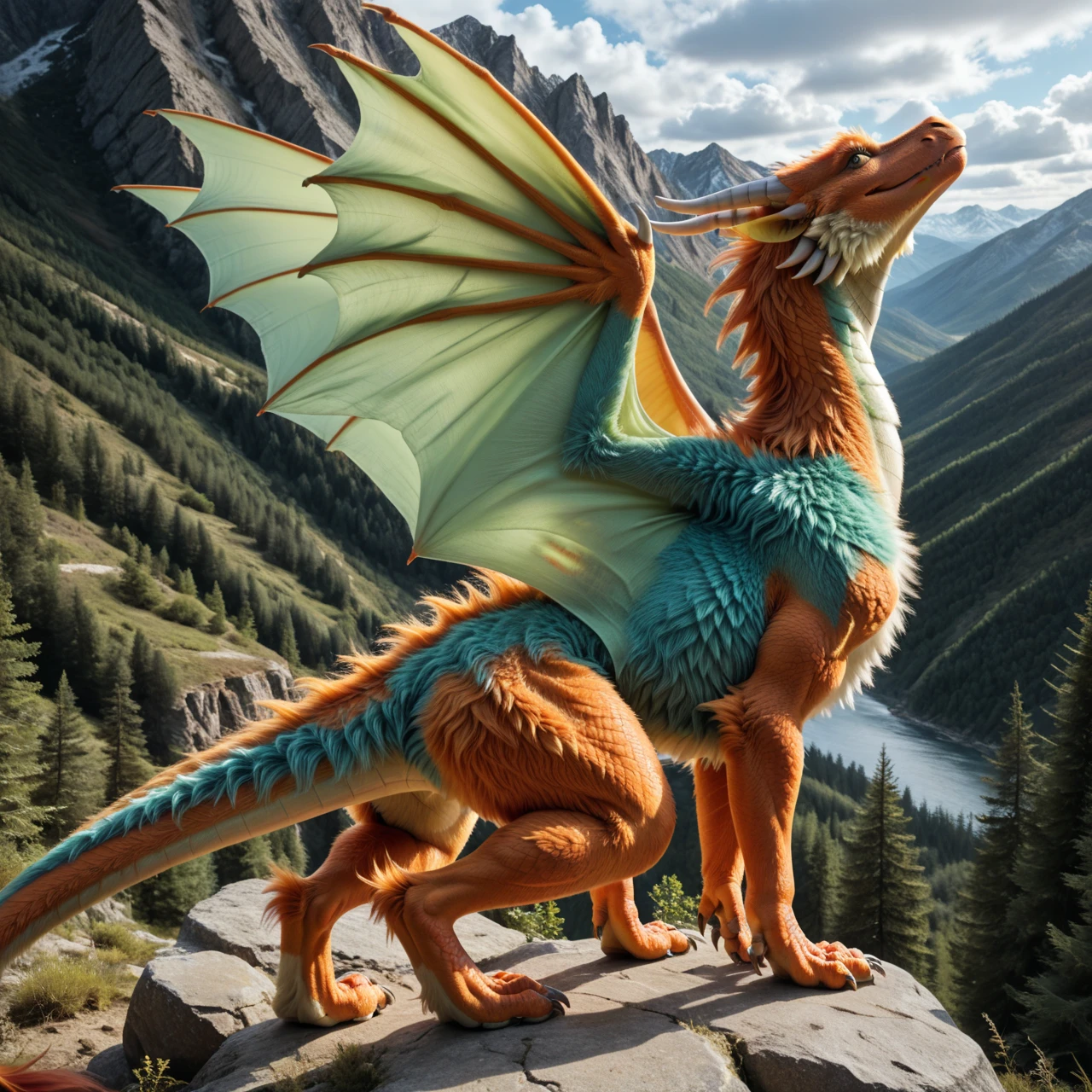 source_furry, source_9, score_8_up, score_7_up, back view, European orange (dragon:1.2) with dorsal spikes, feral, (Fuzzy:1.4), Fur on all areas of the body, green breast, (very detailed fur:1.2), large membrane wings, looks at the viewer, (detailed background), nature, in the high mountains, (solo), high quality, highly detailed, photorealism, photorealistic, dslr, photo