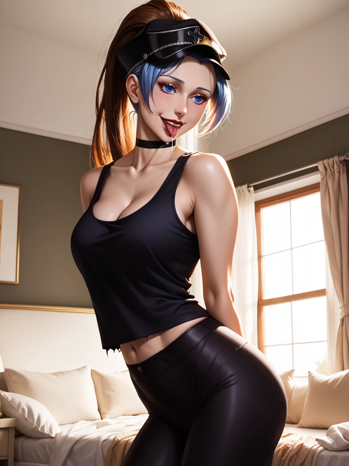 Girls, smile, red lips, fair skin, long hair, blue hair colors, big boobs, big breats, big ass, big butt, sexy body, thic, thic body, crop tank top, black crop tank top colors, leggings, black leggings colors, beauty girls, sexy pose, in bedroom background, gaze looking at the camera, Esdeath, choker, cleavage, collarbone, hat, military, military uniform, peaked cap, thigh boots, thighhighs, uniform, mãos para o alto ((bursting breasts, torn clothes,)) ((ahegao {{tongue out, salivando e saliva caindo nos peitos}})) ((full body shot))