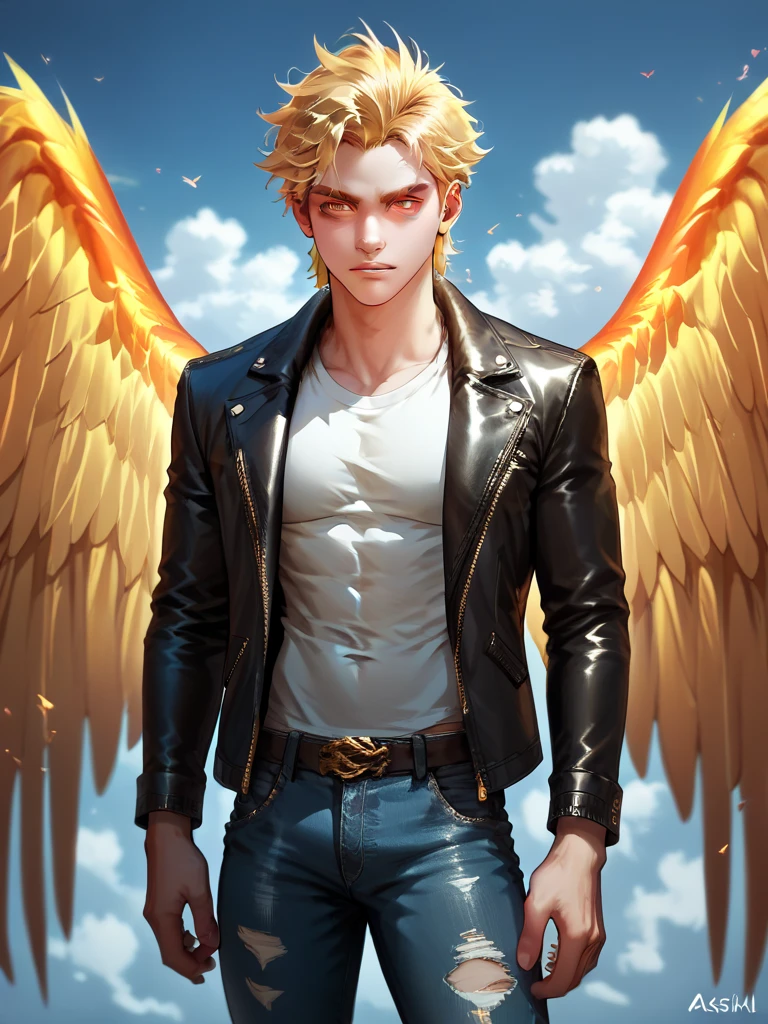 man with phoenix wings, white skin, golden eyes, long ash blonde hair, wearing a black leather jacket and black ripped jeans