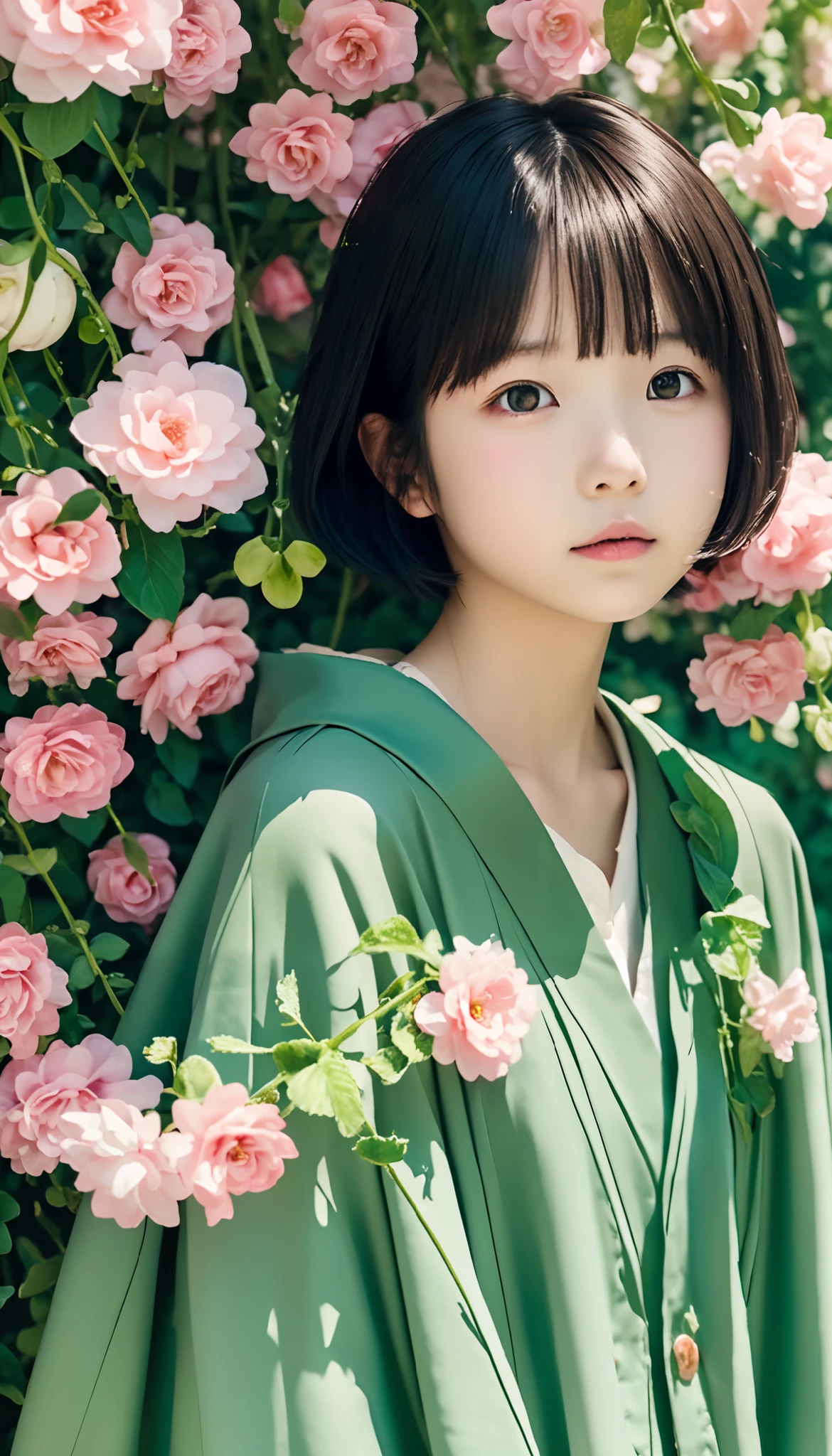 Ivyの貼ったWhite wall、White wall、White wallの前に花束を持った女性が立っている,  is very cute 、 ager , Super cute girl、  black hair、 short hair,  short bob with sisters、 lo-fi girl , Ivy, wearing blue-Green clothes, With flowers, Low quality photos, Cape, Green clothes,  photoshoot, Smooth input _ background,  lo-fi girl のaesthetics, 🤤  Portrait of a Girl  ,  beautiful!!, Long Wear ,  Loose Clothes,  Relaxed Posture  , aesthetics