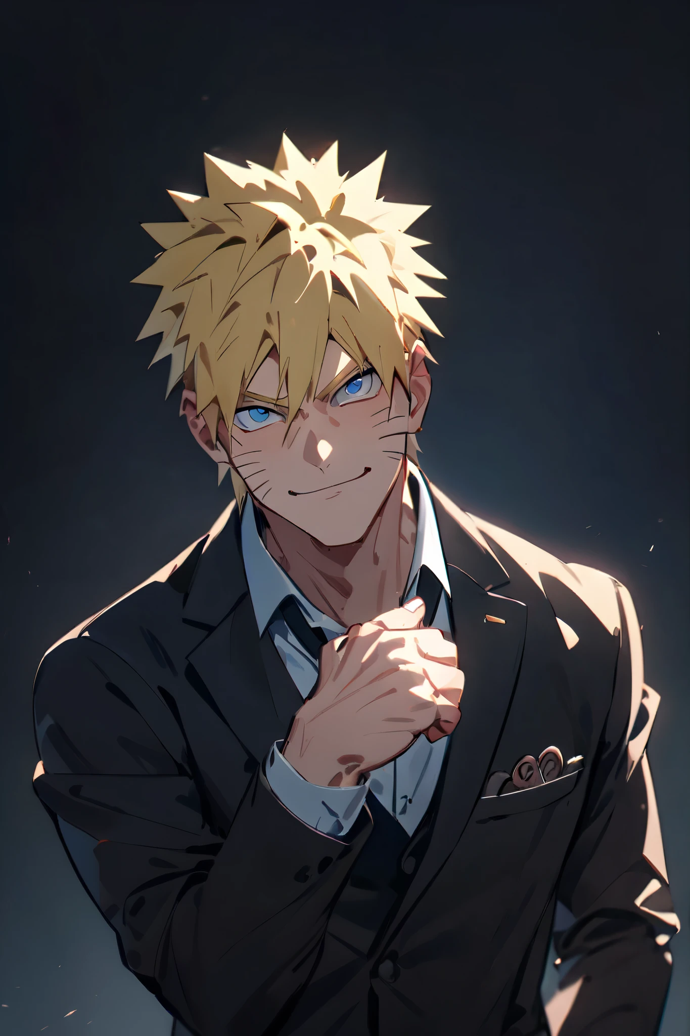 score_9, score_8_up, score_7_up, source_anime, detailed, wallpaper, beautiful details, naruto uzumaki, 1boy, looking at viewer, blonde hair, whisker markings, blue eyes. Looking mature and hot. Round face,faint charismatic smile, 
Naruto in a dapper black suit looking at the viewer, confident, gentleman expression, posing charismatic, handsome and badass and sexy.with a cool black background. Masterpiece, Best Quality, Award Winning, UHD, Anime, Anime Style, Anatomically Correct, Best Quality, High Details, High Quality, 