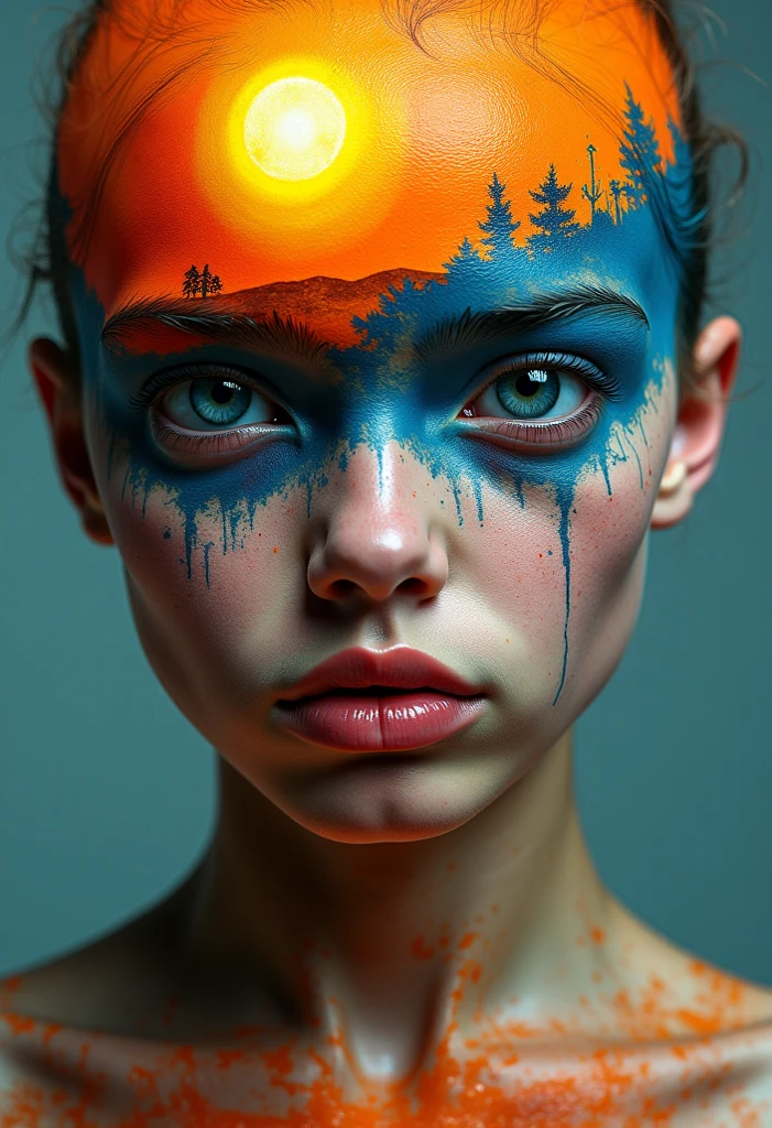 a woman with light blue eyes and orange paint on her face, white skin, scary color art in 4k, 4k color photography portrait, color war, intense colors, 8k artistic portrait photography, cyberpunk colors, hyperrealism. fantasy 4k, technicolor 4k, cinematic colors, predatory eyes, hyper realistic, 8K, photorealistic, extreme detail, ( best quality, 4k, 8k, high resolution, masterpiece: 1.5), ultra detailed, (realistic, photorealistic, photo-realistic: 1.5)
