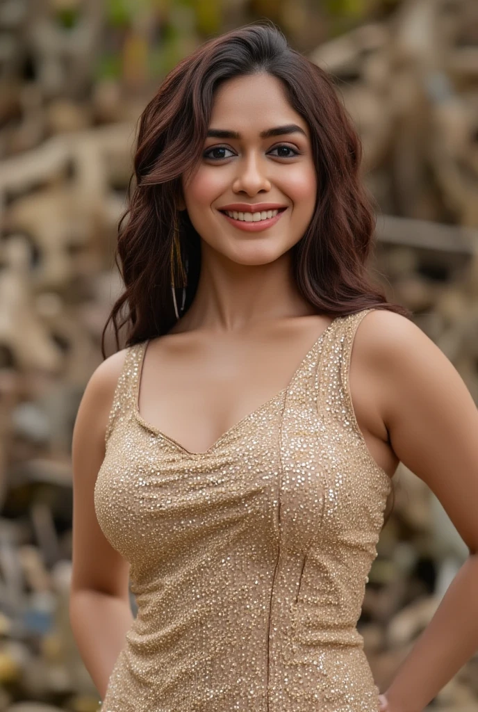 A stunning woman khushik poses confidently in a stunning shiny saree with deep neck strapless bouse. opened and wavy hair, Her gaze locks onto the camera smiling. The background is expertly blurred, drawing attention solely to her radiant presence. Shot in breathtaking UHD/4K resolution, realistic skin textures