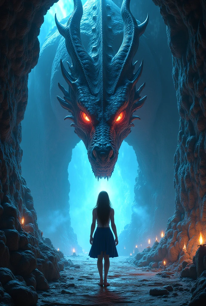 A large dragon lives in a cave, which is lit with torches, human skeletons hang on the walls, a beautiful blonde woman kneels next to the dragon, she is about 30 years old and wears torn clothes
