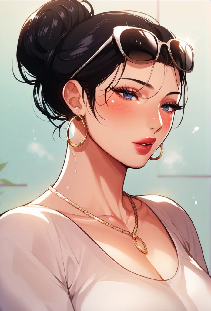 Hot sexy beautiful milf mom , hoops earrings,black hair,hair bun,blush,black eyes, necklace ,one hair bun,hair brochure, lipstick, casual loose t shirt