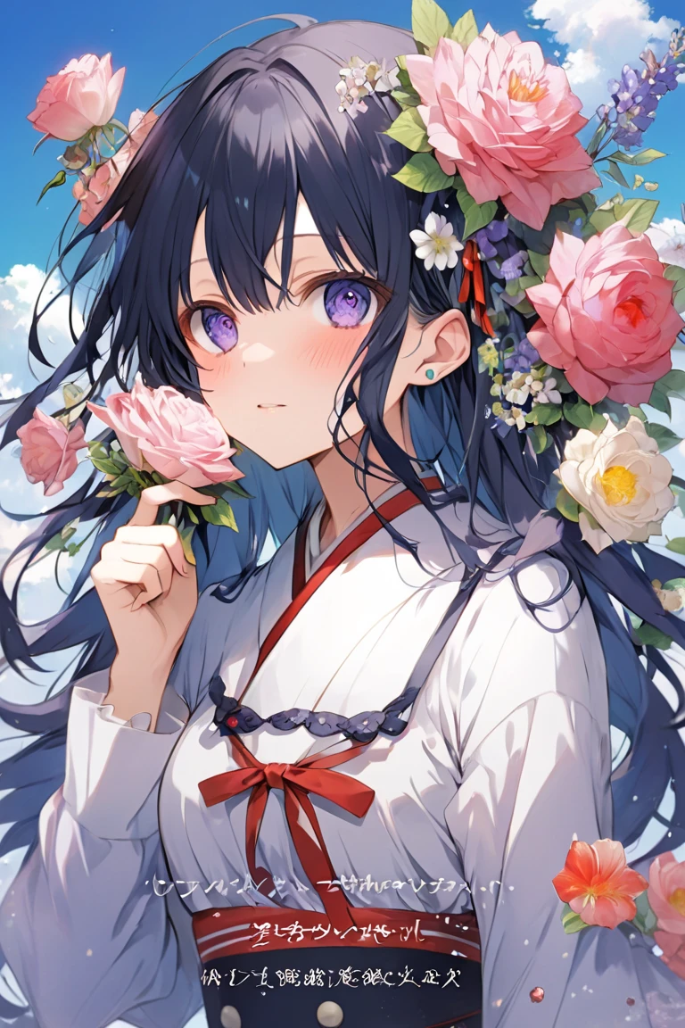 1boy, (dark blue hair:1.2), long hair, straight hair, hair between eyes, light frown, (purple lips:1.2), hair ornament, barefoot, japanese clothes, long sleeves, flower, hydrangea, oil paper umbrella, sayagata, male focus, off shoulder, kimono, blindfold, (black blindfold:1.3), chibi,  <lora:last:1>