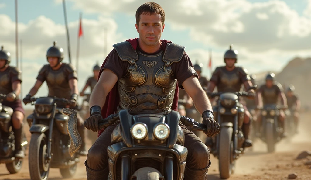  Julius Caesar  .riding an ultra technological motorcycle  .   holding a sword .  and behind him there is an army also on motorcycles 