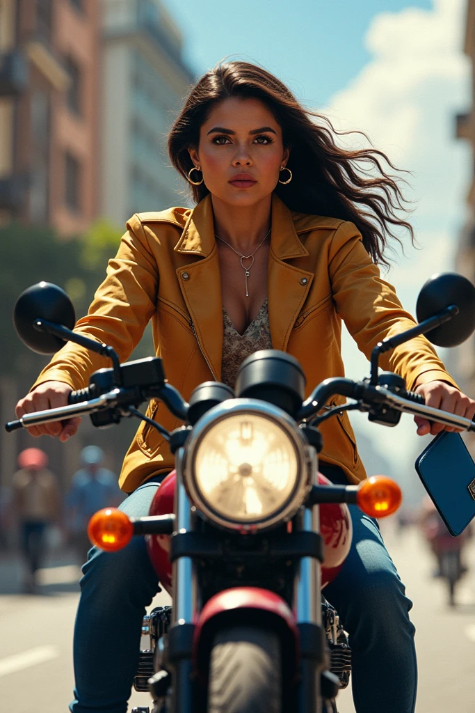 Create a photorealistic masterpiece of a Latina woman with brown hair riding a motorcycle through Miami. She has a distinctive mole and is dressed in a detailed tactical outfit. Ensure the artwork showcases skin pores and raw texture, with dramatic lighting emphasizing her features. The woman should look directly at the viewer, embodying vibrant colors and urban energy. Title: 'LuciaGTA6SDXL