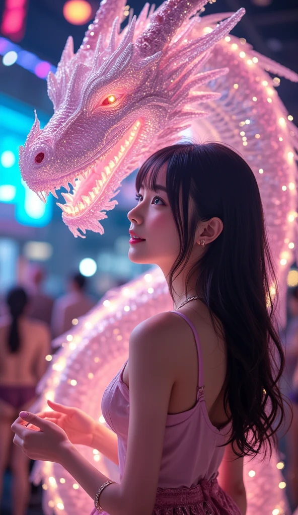 ((Masterpiece in maximum 16K resolution):1.6),((soft_color_photograpy:)1.5), ((Ultra-Detailed):1.4),((Movie-like still images and dynamic angles):1.3). | (Macro shot cinematic photo of beautiful Female with Cute Pink Dinosaur), (Cute pink Dinosaur), (Beautiful Female), (focus on the Dinosaur), (macro lens), (exotic accesories), (Dark Neon), (luminous object), (Cute atmosphere), (shimmer), (aesthetic Female accesories), (visual experience),(Realism), (Realistic),award-winning graphics, dark shot, film grain, extremely detailed, Digital Art, rtx, Unreal Engine, scene concept anti glare effect, All captured with sharp focus. | Rendered in ultra-high definition with UHD and retina quality, this masterpiece ensures anatomical correctness and textured skin with super detail. With a focus on high quality and accuracy, this award-winning portrayal captures every nuance in stunning 16k resolution, immersing viewers in its lifelike depiction. | ((perfect_composition, perfect_design, perfect_layout, perfect_detail, ultra_detailed)), ((enhance_all, fix_everything)), More Detail, Enhance.