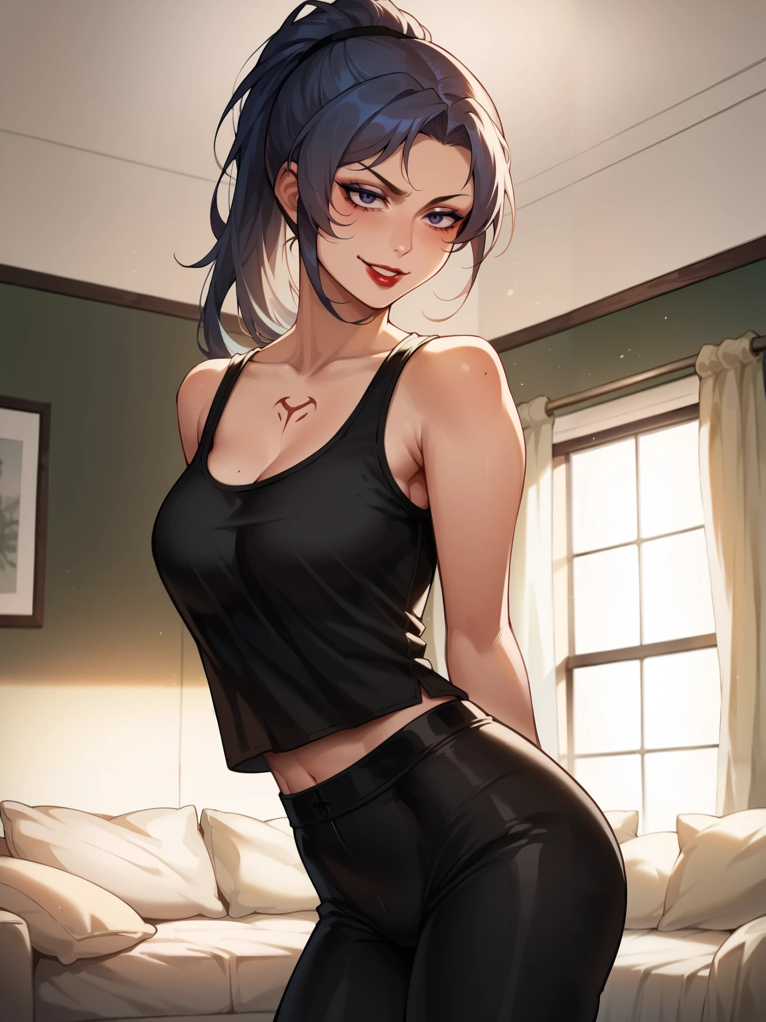 Girls, smile, red lips, fair skin, long hair, blue hair colors, big boobs, big breats, big ass, big butt, sexy body, thic, thic body, crop tank top, black crop tank top colors, leggings, black leggings colors, beauty girls, sexy pose, in bedroom background, gaze looking at the camera, score_9, score_8_up, score_7_up, score_6_up, score_5_up, score_4_up, BREAK source_anime, Esdeath, from behind, looking back