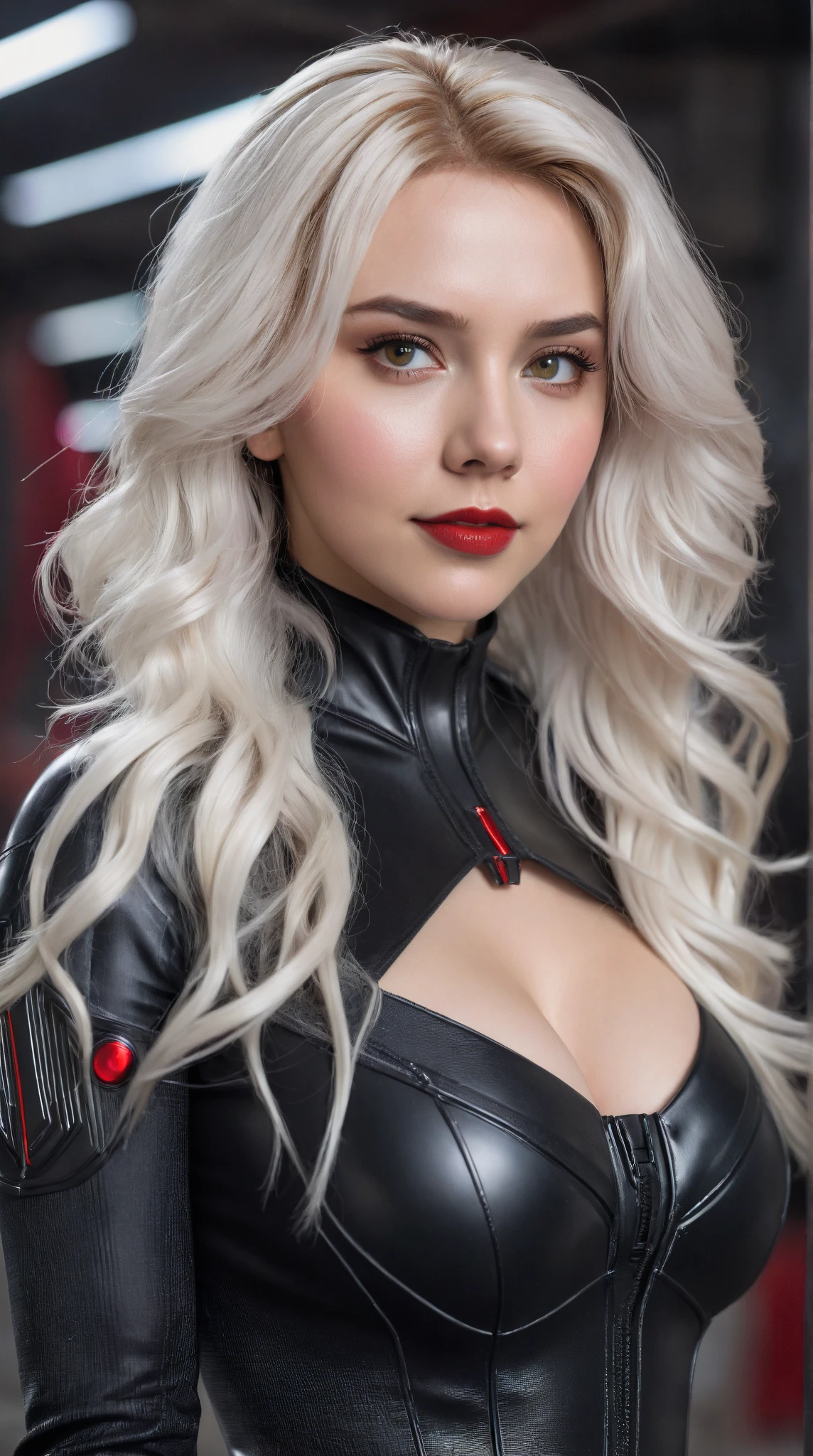 A curvy, white haired MILF wearing a black and silver latex super hero suit with big breasts, superhero mask, black lipstick night time, background filled with buildings, spiderman pose metal chains, metal spikes
