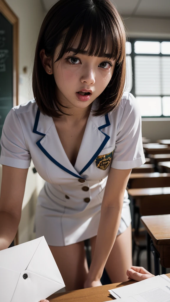 1 girl, Standing,  leaning forward, table hump,  
REST girl, 22 years old,  short hair,  cut bob, ear, ( blunt bangs ),  black hair, (Puppet:1.2),   detailed and cute orgasmic expression with brown eyes , Curled eyelashes, ( big breasts:0.8),
 beautiful eyes,  beautiful face,
 white gymnastic uniform , Burmese Navy , vagina juice , shaking,
ashamed,  frown, orgasm.  open her mouth ,  saliva trail ,  heavy breathing , 
classroom, Tomorrow,  cinematographic lighting ,
 masterpiece,  envelopes,  incredible quality ,  very aesthetic, absurdities, newer, ( realistic :1.2),  terrifying theme ,  style,  Not suitable for work , explicit