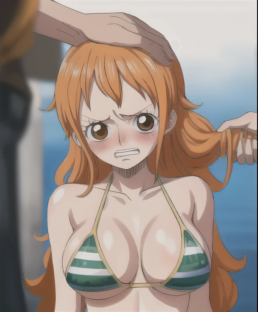score_9, score_8_up, score_7_up, score_6_up, score_5_up, score_4_up, BREAK source_anime,POV,city,outdoor,smile,standing, nami_egghead, orange hair, long hair, wavy hair, brown eyes, large breasts, Bedroom, (best quality:1.5), beautiful, large breasts, sexy, erotic, lewd, cleavage, (POV, Fellatio), Naked body, nude, (Hands holding head, Hands stroking head), Detailed hand, detailed face, Detailed mouth, detailed penis, detailed female body