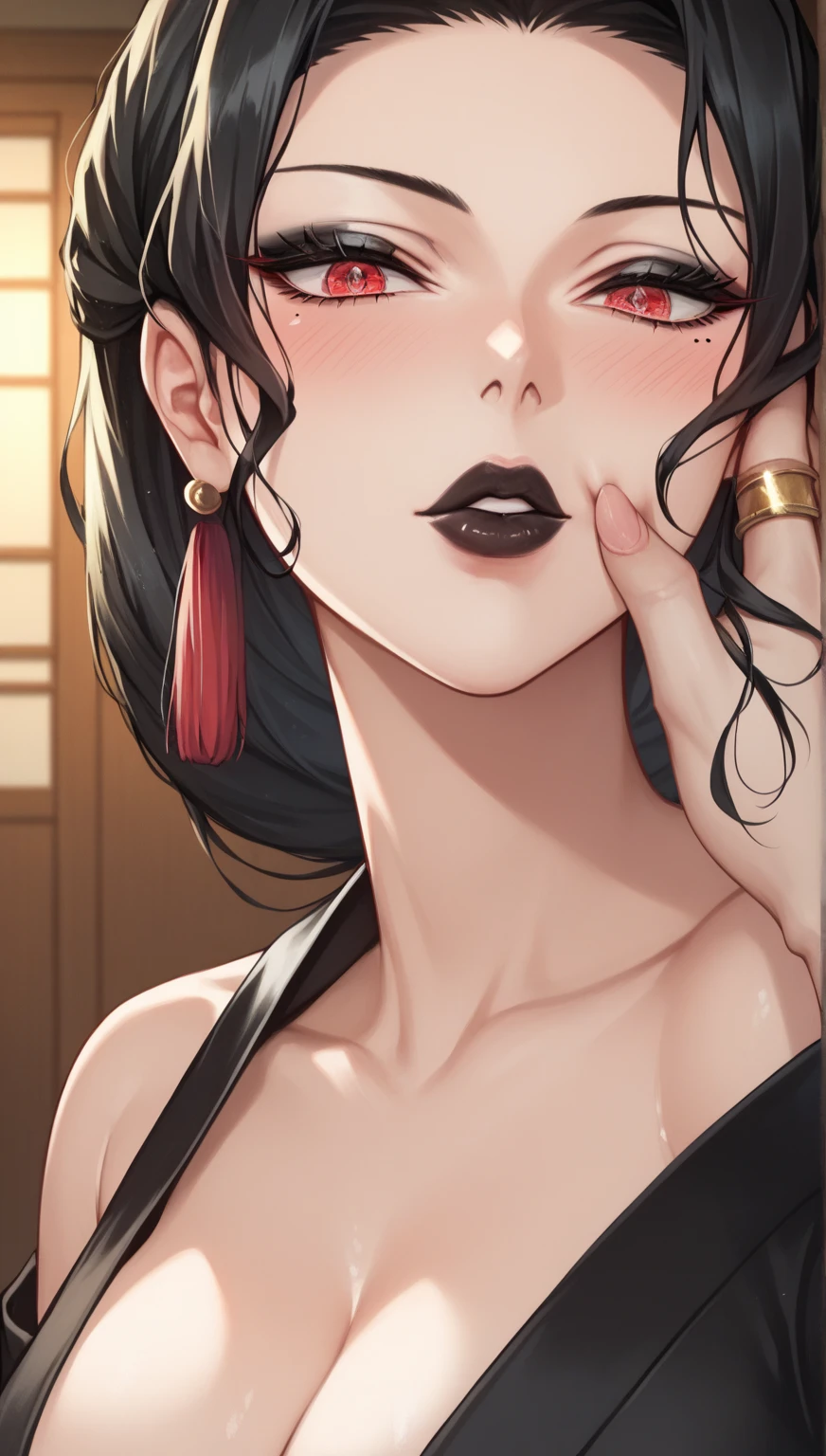 extreme closeup of a sexy japanese woman taking a selfie while winking and puckering her lips