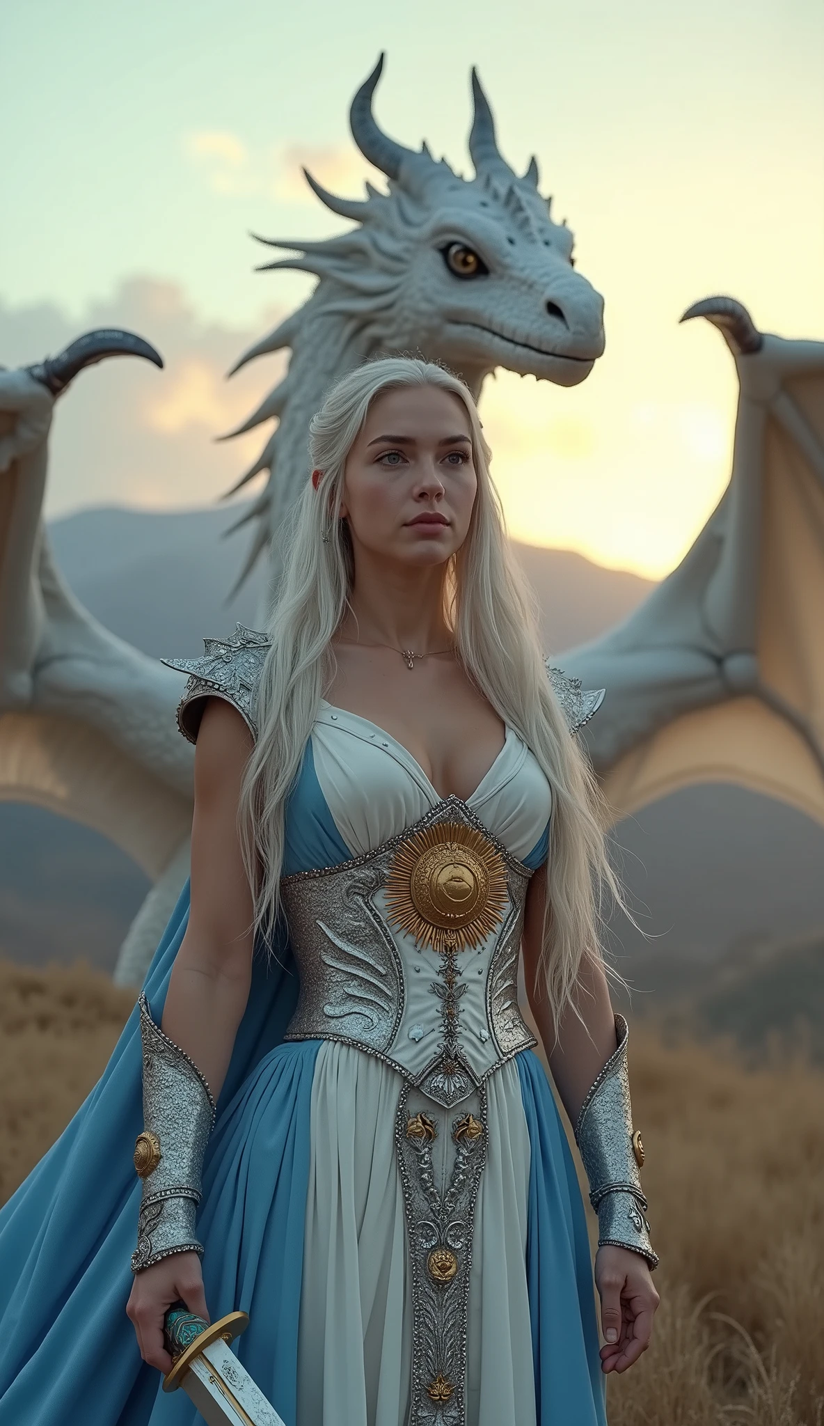 A cosplay girl inspired by Daenerys Targaryen from "Game of Thrones," with a unique and erotic twist. She wears a long, silver silk dress with golden details, tightly fitted to her body with a deep neckline that highlights her sensuality. The dress provocatively opens along her leg, revealing her skin and accentuating her curves. Her hair is long, wavy, and platinum white, with delicate braids adorned with golden accents that cascade sensually down her bare back. Over her shoulders, she has a light cape made of dragon-like scales in silver and blue tones, barely covering her arms and leaving much of her skin exposed. Her eyes are a piercing blue, and her expression is a mix of power, desire, and seduction. Behind her, the silhouette of a dragon reflects her erotic and powerful connection with these mythical creatures. The setting is a rocky, desolate landscape with a cloudy sky, adding a dramatic and sexually charged atmosphere.