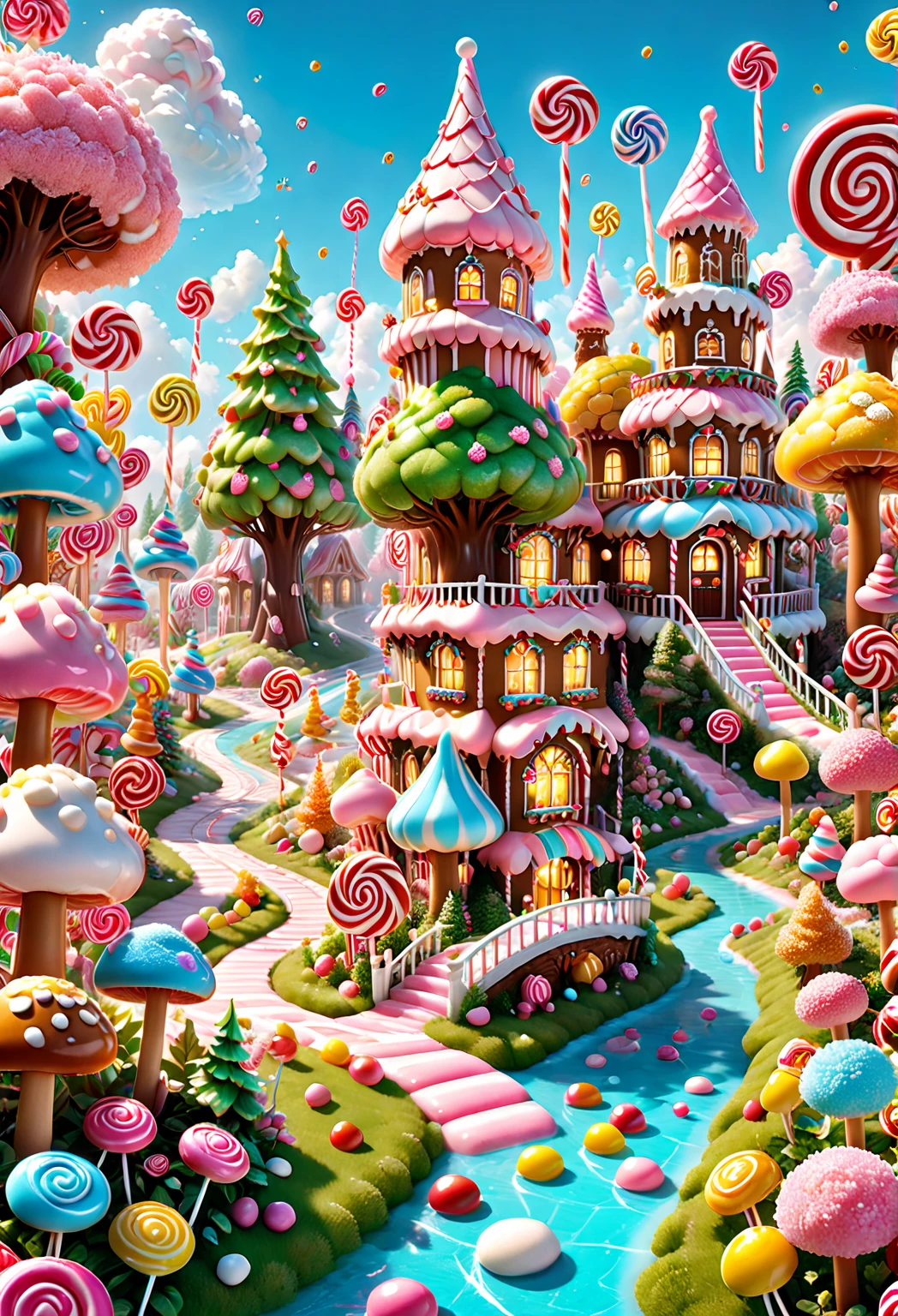 (best quality,4k,8k,highres,masterpiece:1.2),ultra-detailed,(realistic,photorealistic,photo-realistic:1.37),candyland,illustration,colorful,vibrant,whimsical,surreal,fantasy,delicious edibles,marshmallow trees,licorice pathway,gingerbread houses,glowing lollipops,cotton candy clouds,juicy gummy bears,sugar-coated mushrooms,sparkling chocolate river,caramel slides,candy cane flowers,enchanted castle made of candy,playful fairies,ren laughing and playing,golden sunshine,soft pastel colors,magical atmosphere.