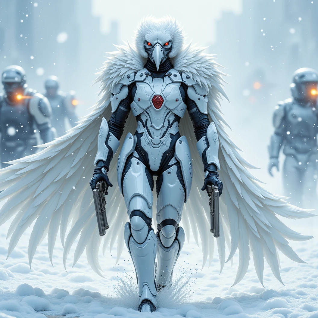 Imagine an albino anthropomorphic raven. Donned in modern snow white combat armor with a long white feathered cloak that billows behind as he walks. His raven beak is made of metal. Dynamically walking through an arctic battlefield, dual wielding pistols. He has both pistols raised, engaging enemies on both sides. He is confident and sure of his aim. The name "Crow" etched on his chest armor in large metallic letters. A blizzard dynamically blows snow across the chaotic scene. Reminiscent of a dynamic action movie scene. Dynamic Movement, Floating Particle, Image Fill, High Resolution, Masterpiece, Award Winning, Super Detailed, Cinematic, Cinematography, Hyperrealism, Cinematic Lighting, Depth Of Field. 