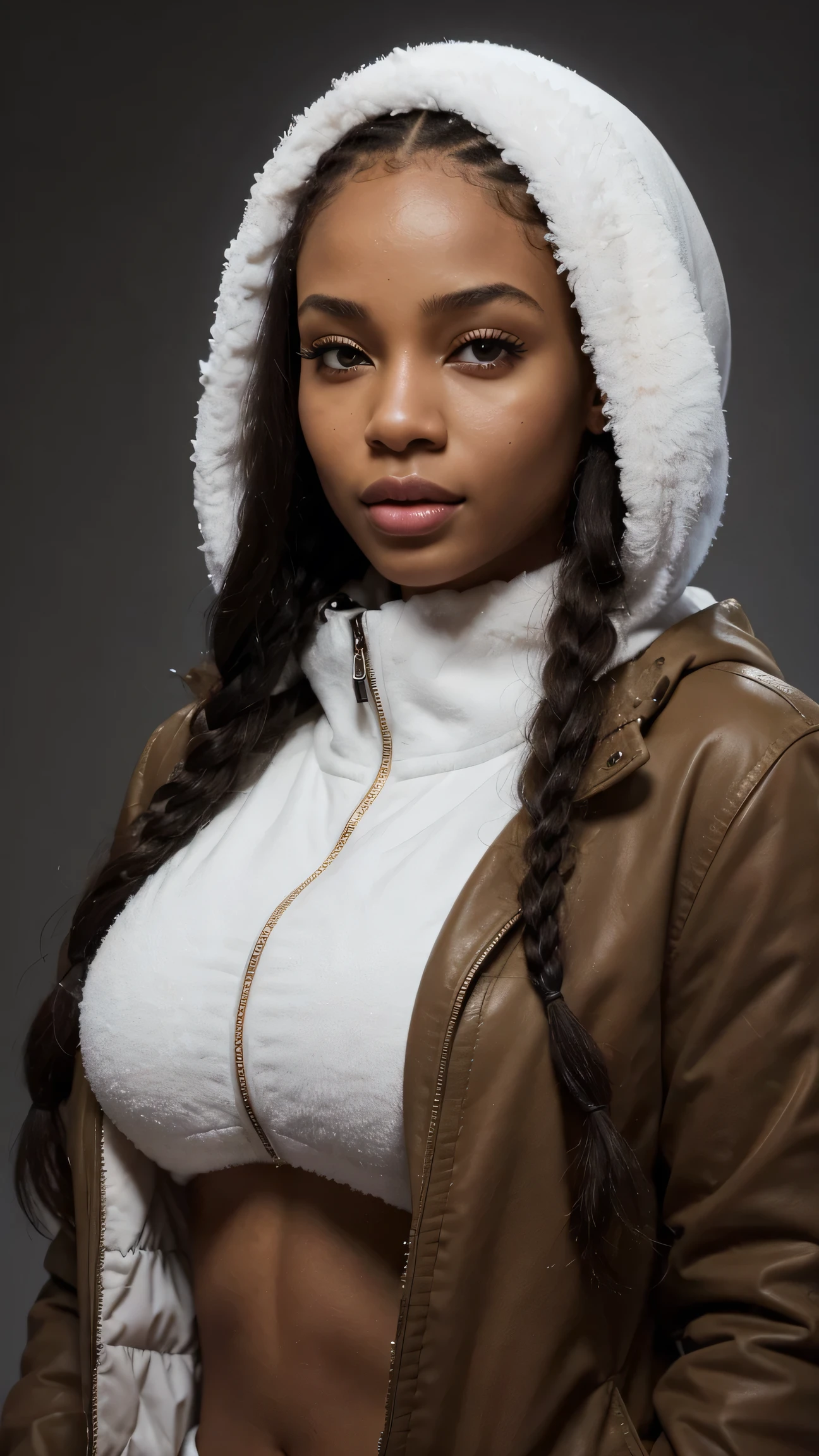 the 23-year-old light-skinned Black woman wears a chic white parka with fur trim. Her glowing skin and soulful brown eyes shine against the frosty backdrop, and her braids peek out from under her hood. UHD, winter serenity, high resolution.
Perfect anatomy, perfect hands, perfect hair, perfect body, UHD, high-quality, high-res, award-winning. Perfect anatomy, Perfect eyes, perfect hands, perfect body, perfect hair, perfect breast, accurate, UHD, retina, masterpiece, anatomically correct, textured skin, super detail, high details, high quality, award winning, best quality, highres, 16k, 8k