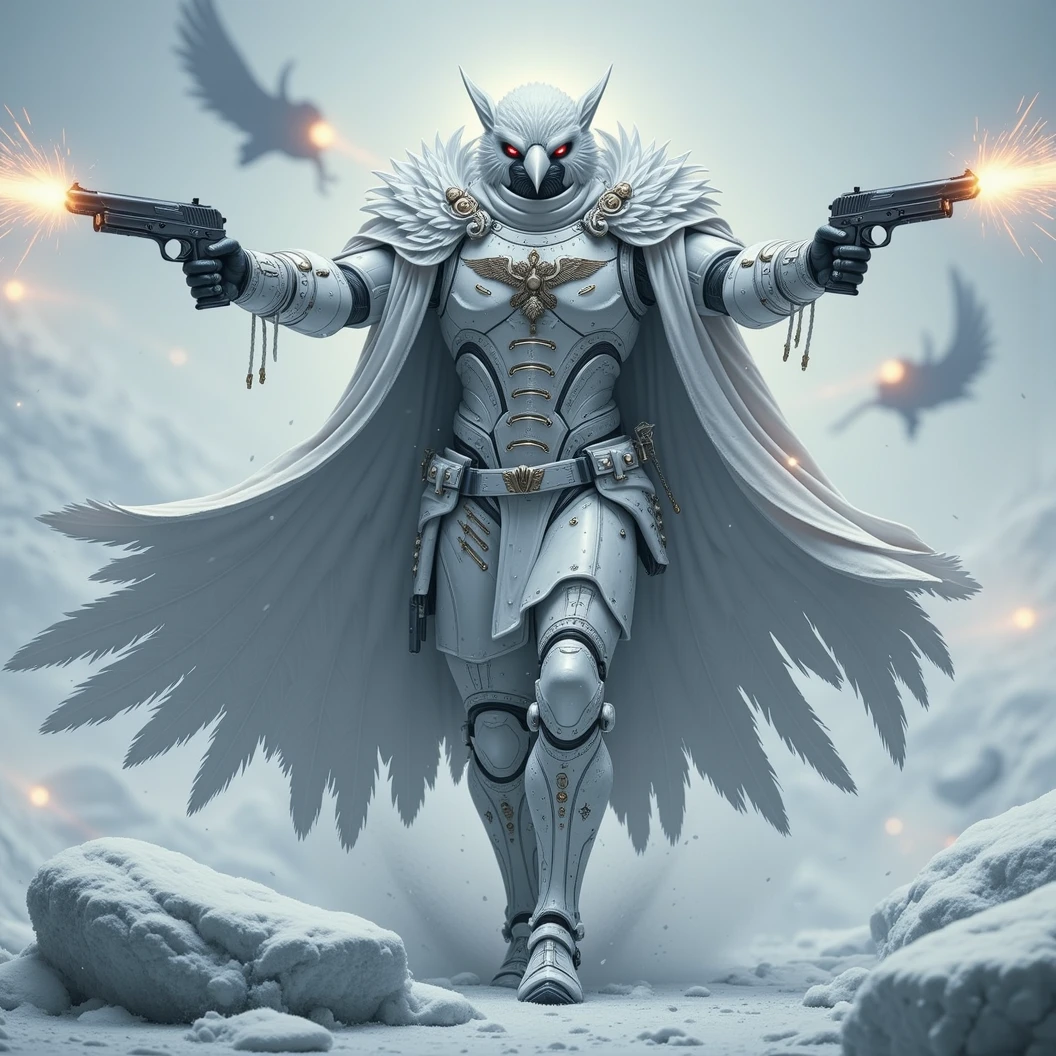 Imagine an albino anthropomorphic crow soldier. Donned in modern snow white combat armor with a long white feathered cloak that billows behind as he walks. Dynamically walking through an arctic battlefield, dual wielding pistols. He has both pistols raised, engaging enemies on both sides. He is confident and sure of his aim. The name "Crow" etched on his chest armor in large metallic letters. A blizzard dynamically blows snow across the chaotic scene. Reminiscent of a dynamic action movie scene. Dynamic Movement, Floating Particle, Image Fill, High Resolution, Masterpiece, Award Winning, Super Detailed, Cinematic, Cinematography, Hyperrealism, Cinematic Lighting, Depth Of Field. 