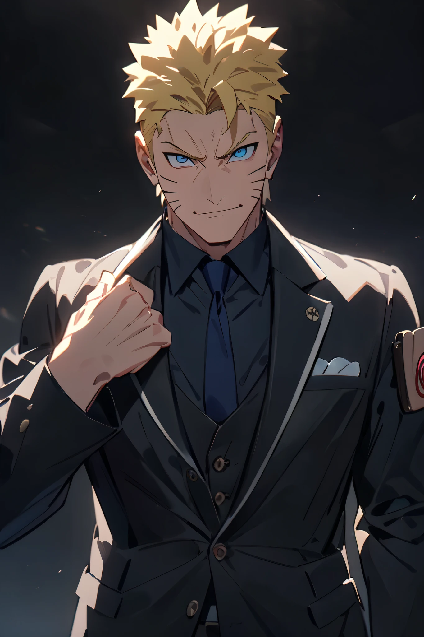 score_9, score_8_up, score_7_up, source_anime, detailed, wallpaper, beautiful details, naruto uzumaki, 1boy, looking at viewer, blonde hair, whisker markings, blue eyes. Looking mature and hot. Round face,faint charismatic smile, Full-length picture
Naruto in a dapper black suit looking at the viewer, confident, gentleman expression, posing charismatic, handsome and badass and sexy.with a cool black background. Masterpiece, Best Quality, Award Winning, UHD, Anime, Anime Style, Anatomically Correct, Best Quality, High Details, High Quality,