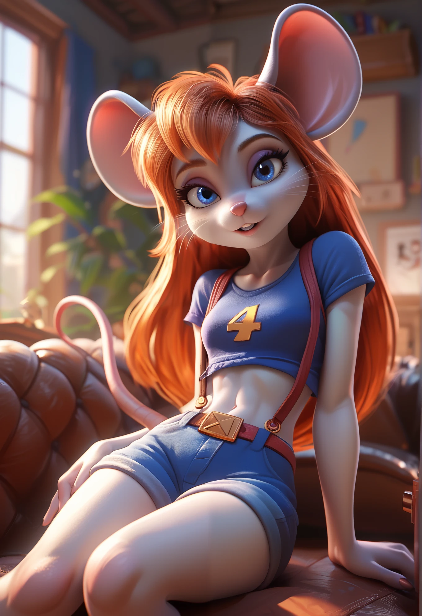 Source_furry, Gadget, rescue rangers, 1girl, solo, long hair, mouse tail, mouse ears, blue eyes, furry, parted lips, blue shorts, suspenders, crop top, sitting on a worn out red couch, sexy pose, old warehouse, night time, cinematic lighting,