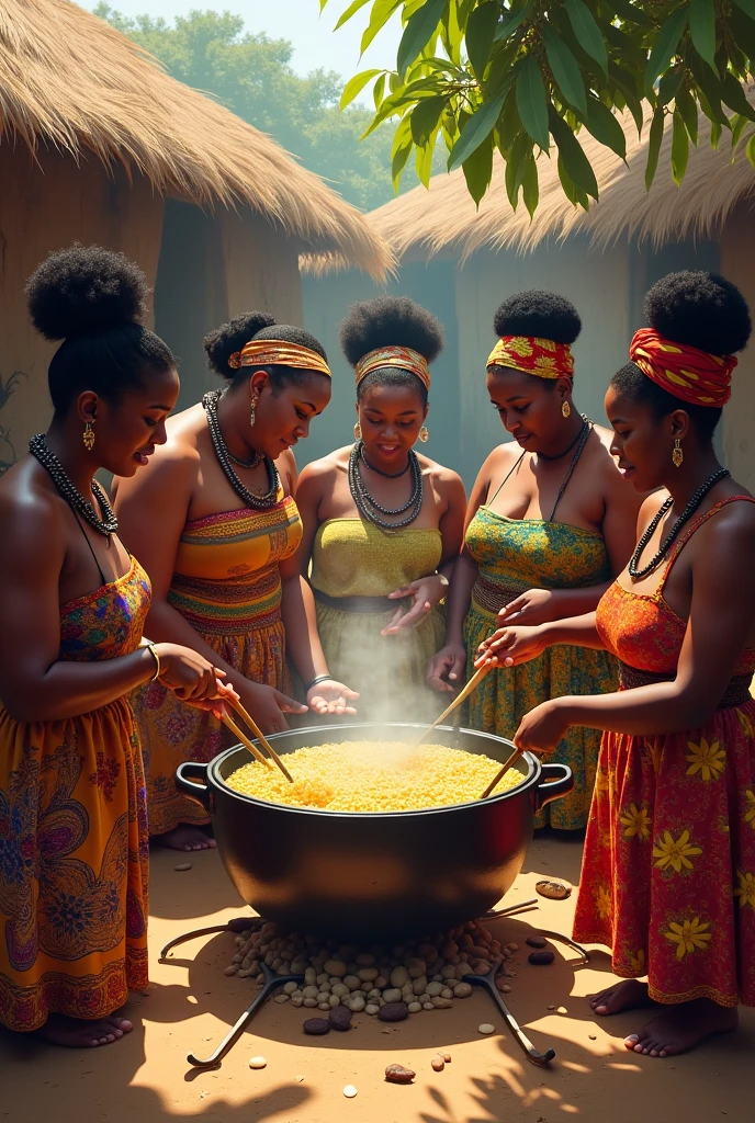 African women cooking in an african village kitchen, light beaming, with iridescent light,cinematic lighting, artgerm style, 32k, ultra HD, unreal engine rendered