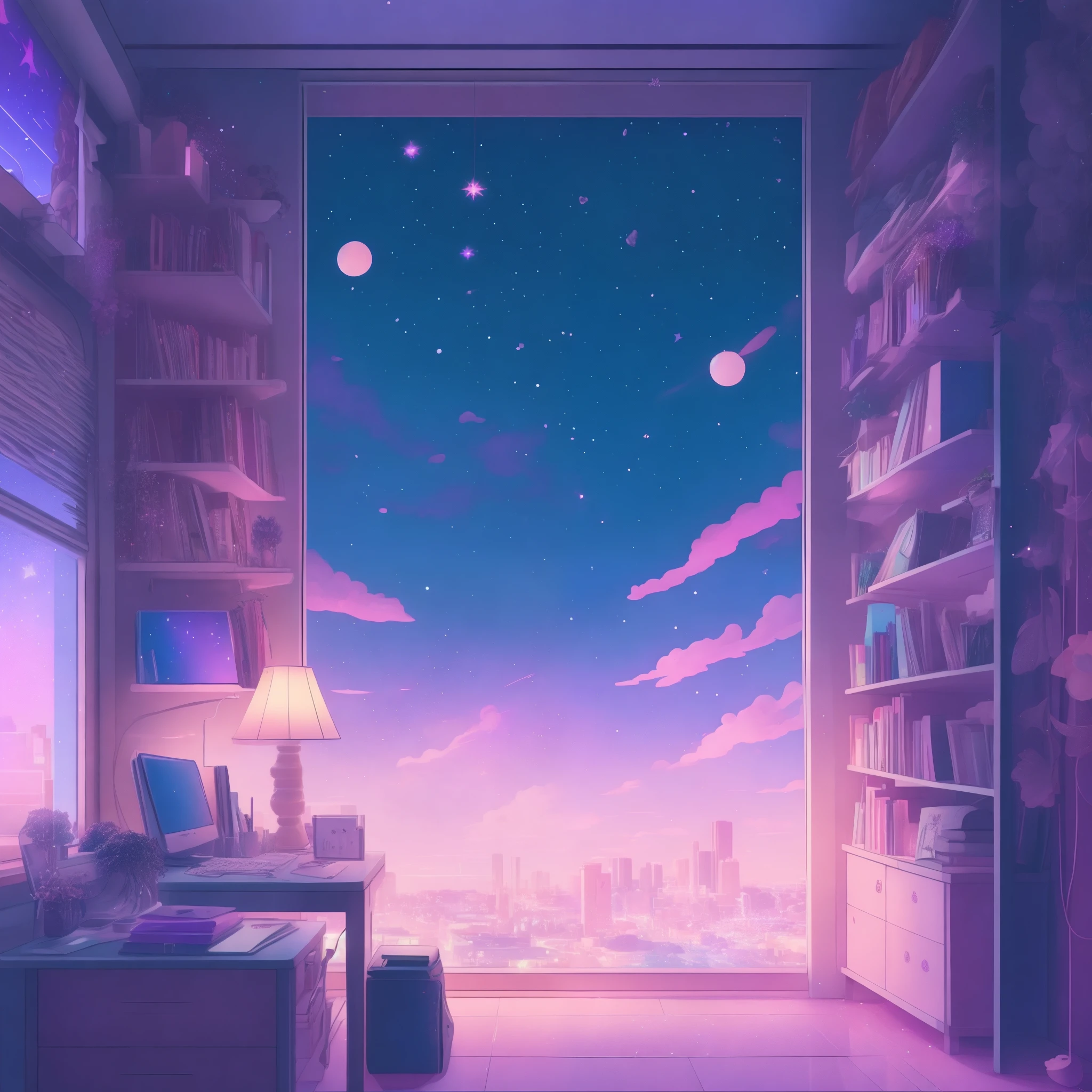 This is a (((lofi anime art print))) of a dreamy and soft y2k bedroom. The bedroom is cozy and nostalgic. ((The lofi and y2k aesthetic are important.)) Include a cluttered desk and bookcase filled with vintage charm. Include a retro computer on the desk. ((There are no people in this image.)) A prominent window in the serene bedroom overlooks a simple pastel city twinkling with stars and a mesmerizing meteor shower. Bathe this artwork in pastel purples, blues, and pinks, creating a dreamy, whimsical, and soft atmosphere. Peaceful mood, soft lighting, dreamy atmosphere, photographic, cinematic, intricate details, high quality, masterpiece, Art Lofi, Null Art Style, Lofi Sensation, portrait of lofi, Lofi Colors, null, lo-fi art, Lofi Vibes , Lofi atmosphere, Lofi hip hop, (Lofi Girl Aesthetics), computer aesthetic, ((dreamcore aesthetic)), (((y2k aesthetic))), y 2 k aesthetic, dreamy aesthetic, office background, background art, highschool background, gamer aesthetic, kawaii aesthetic, wallpaper aesthetic, dreamy illustration, soft aesthetic, cyber aesthetic, magical colored theme, toon aesthetic, violet colored theme, light academia aesthetic